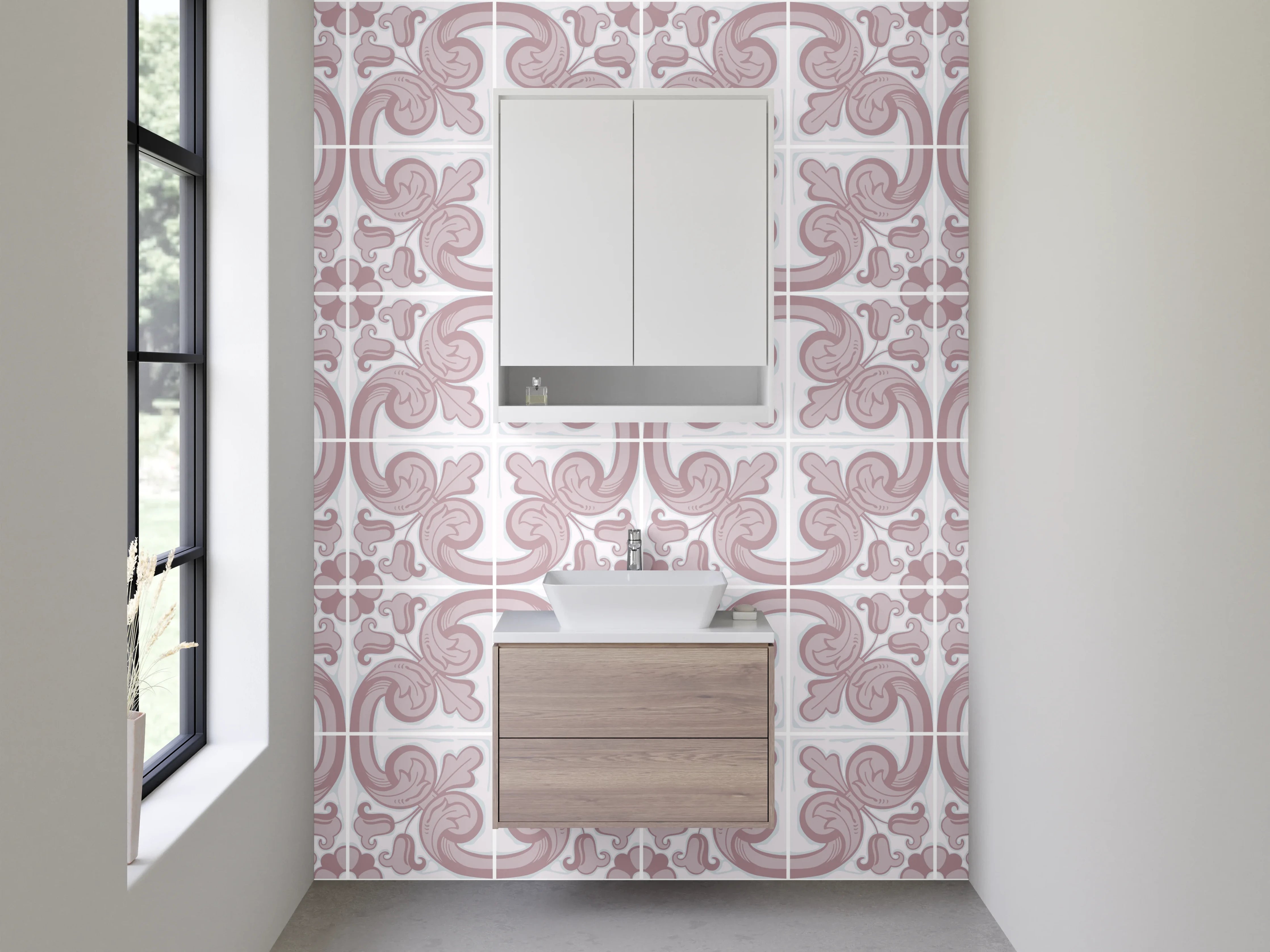 Waschbecken-Rückwand - Modernes Retro-Ornament Muster Rosa Grau