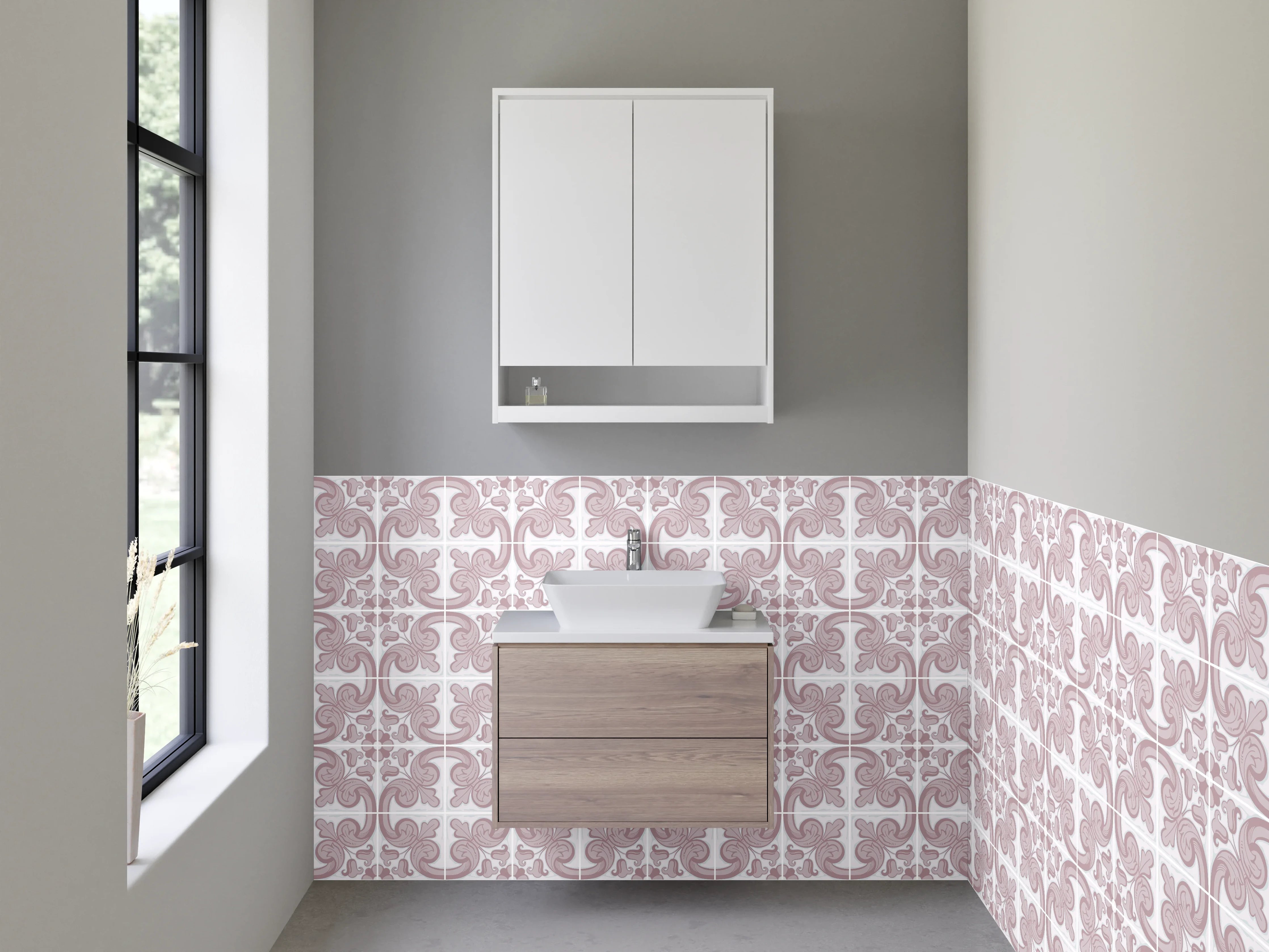 Waschbecken-Rückwand - Modernes Retro-Ornament Muster Rosa Grau