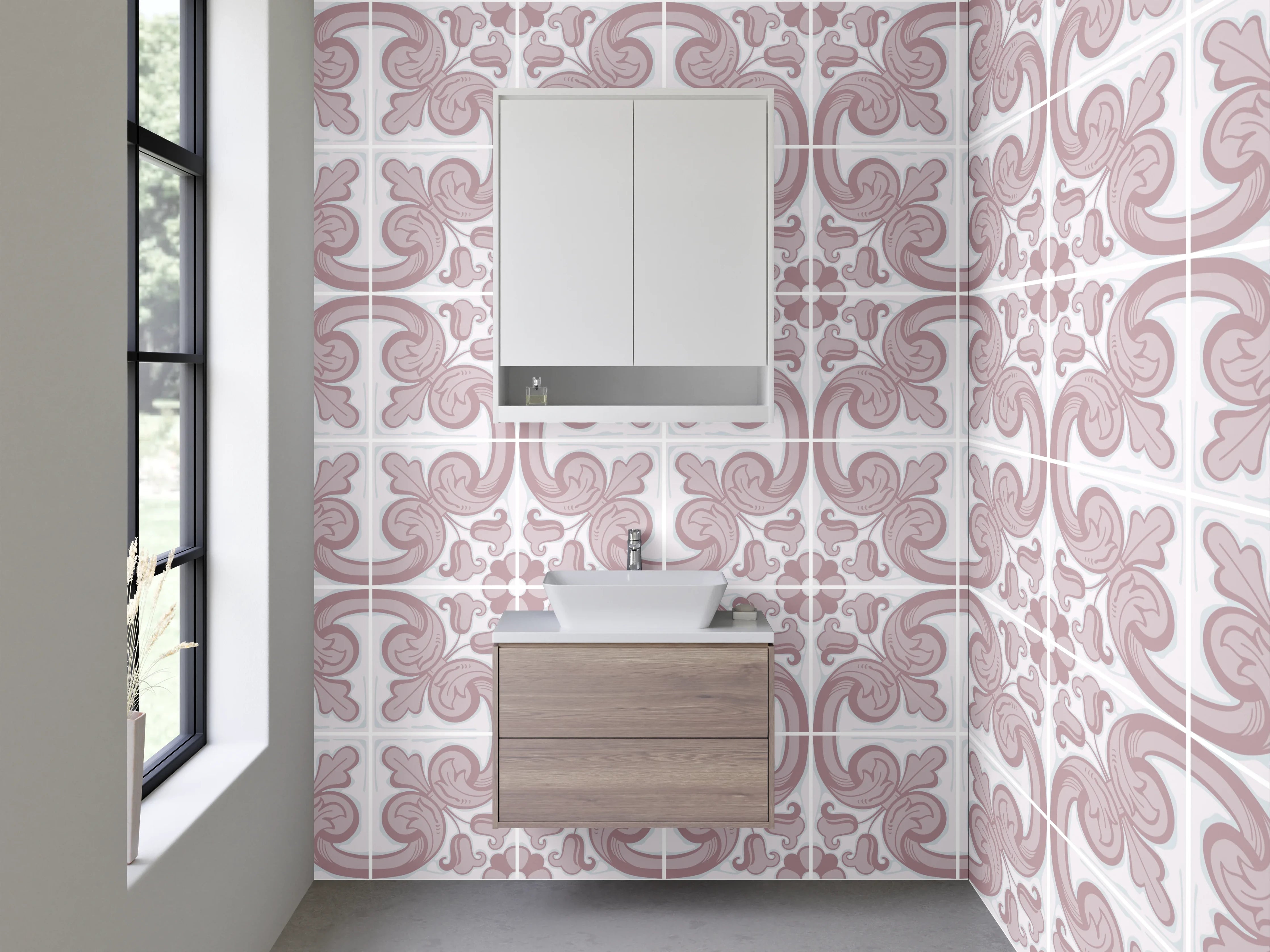 Waschbecken-Rückwand - Modernes Retro-Ornament Muster Rosa Grau