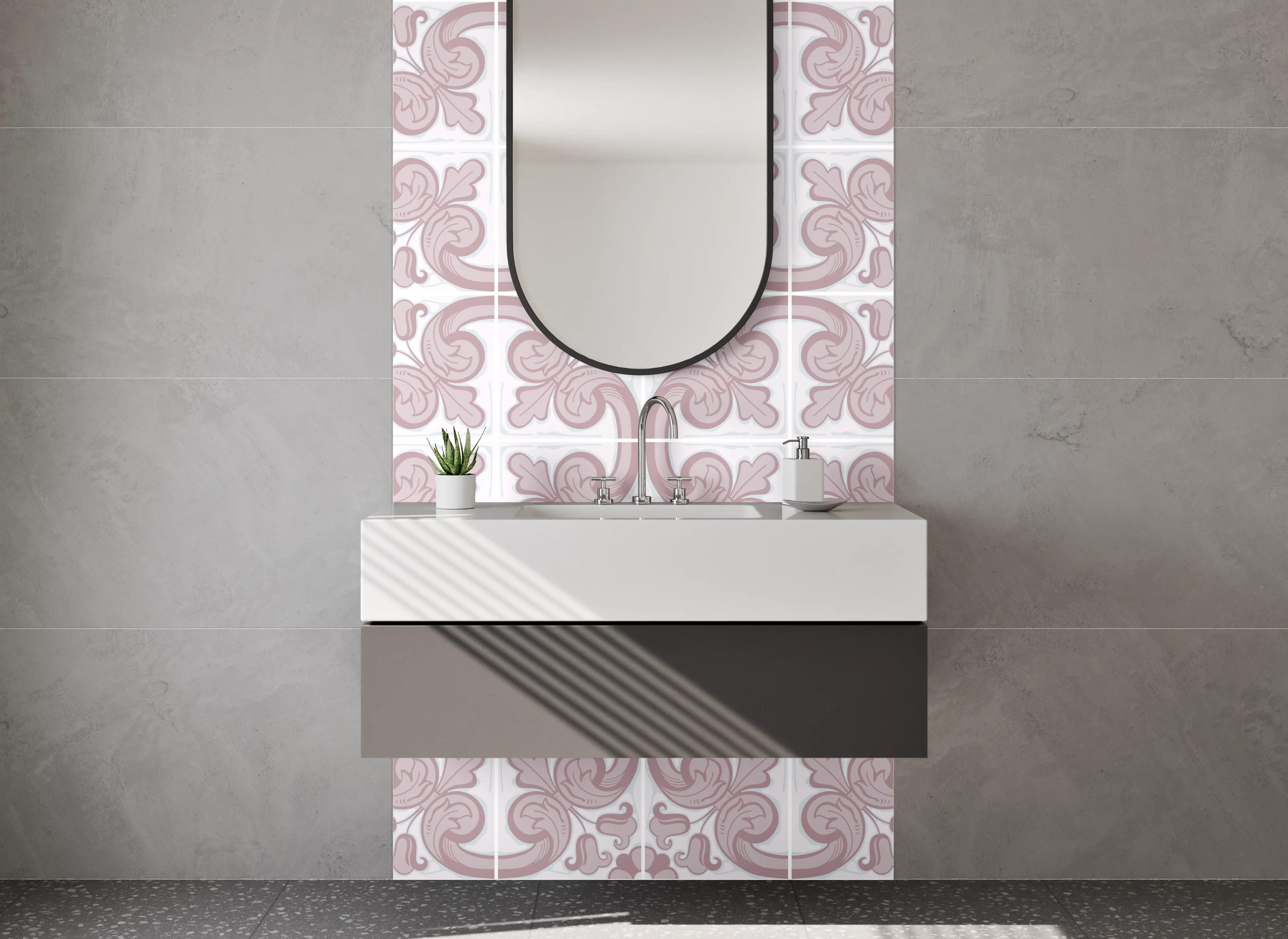 Waschbecken-Rückwand - Modernes Retro-Ornament Muster Rosa Grau