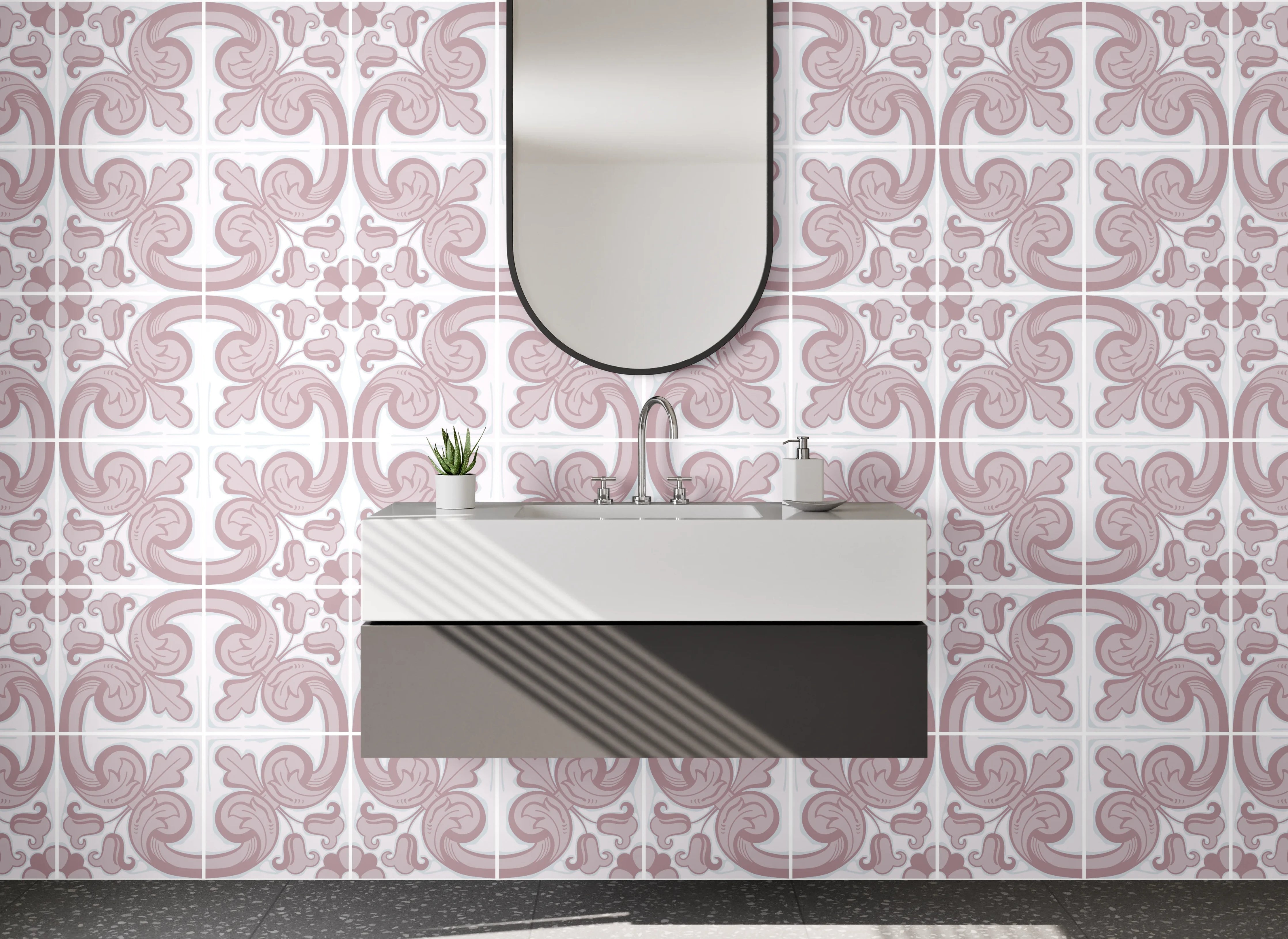 Waschbecken-Rückwand - Modernes Retro-Ornament Muster Rosa Grau