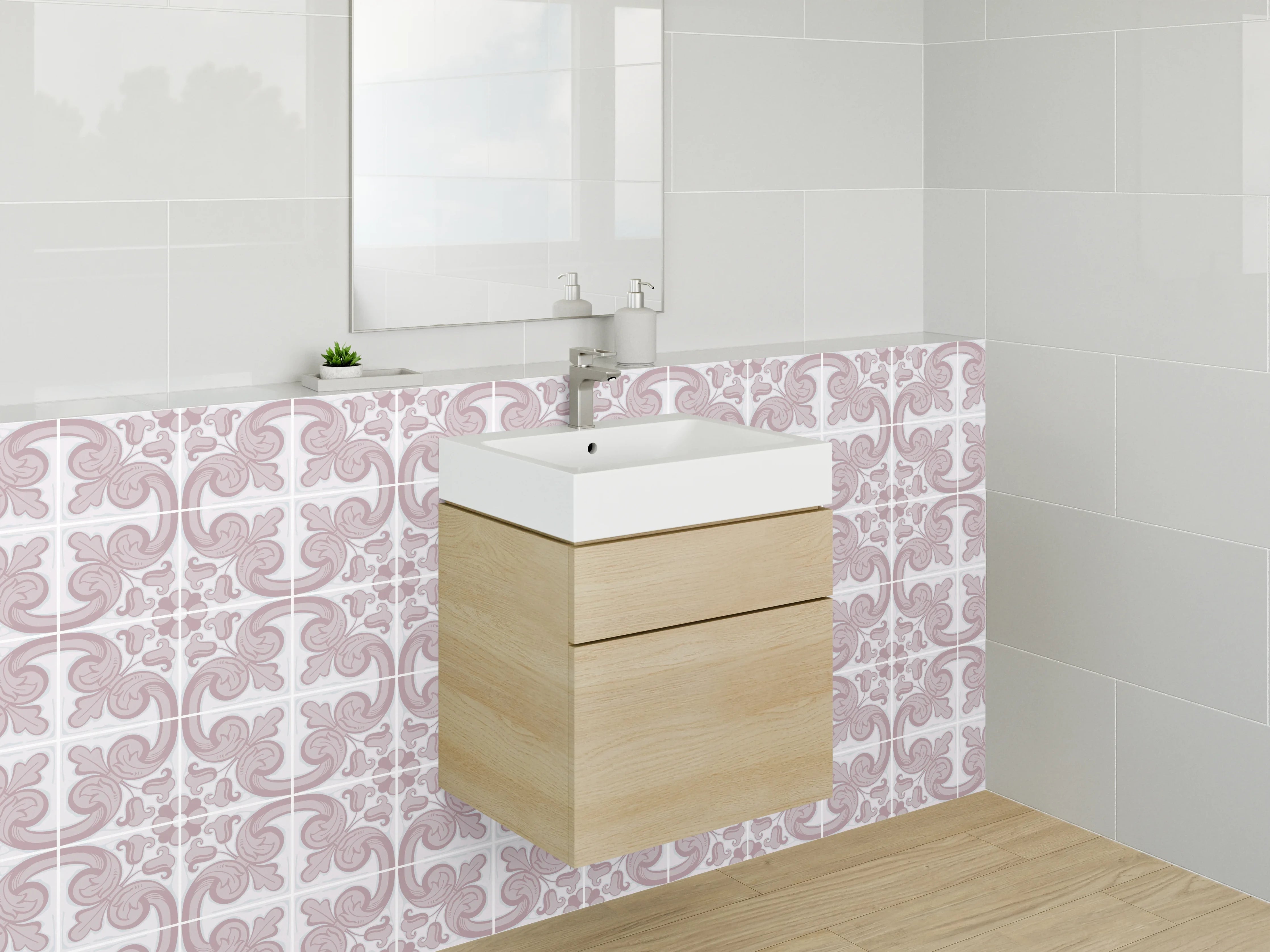Waschbecken-Rückwand - Modernes Retro-Ornament Muster Rosa Grau