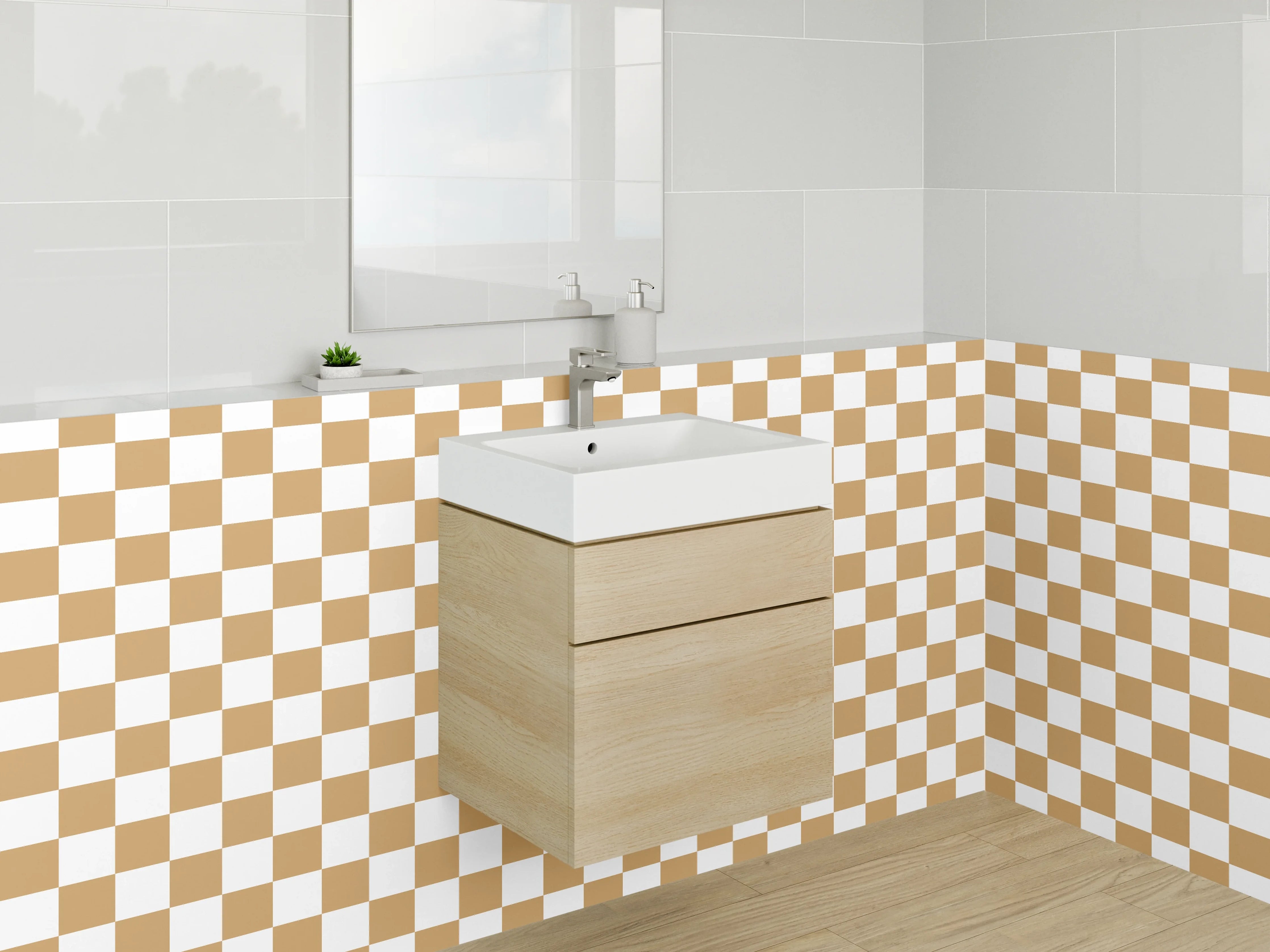 Waschbecken-Rückwand - Modernes Schachbrett in Braun, Grau und Weiß