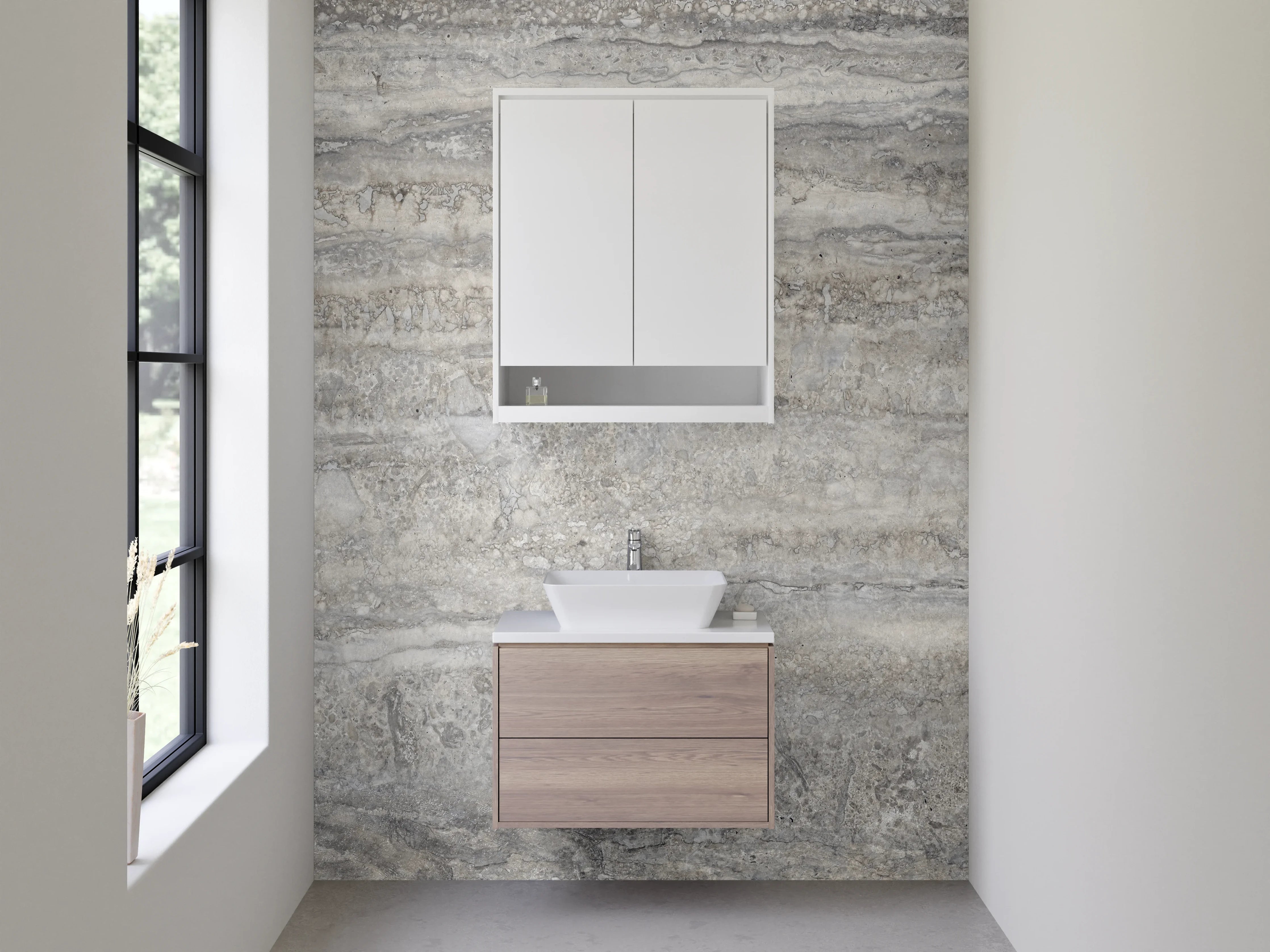 Waschbecken-Rückwand - Modernes Travertin-Grau Design