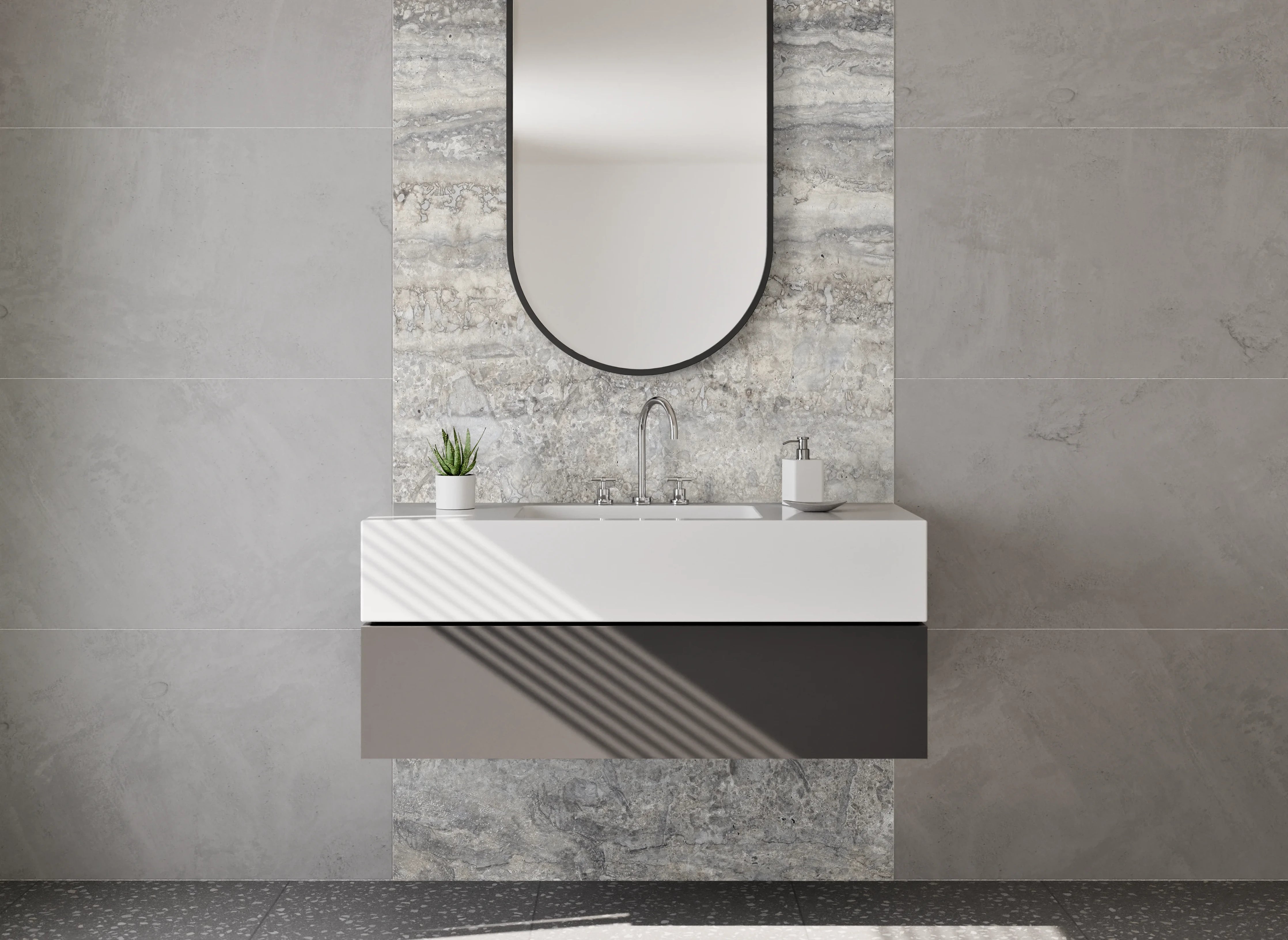 Waschbecken-Rückwand - Modernes Travertin-Grau Design