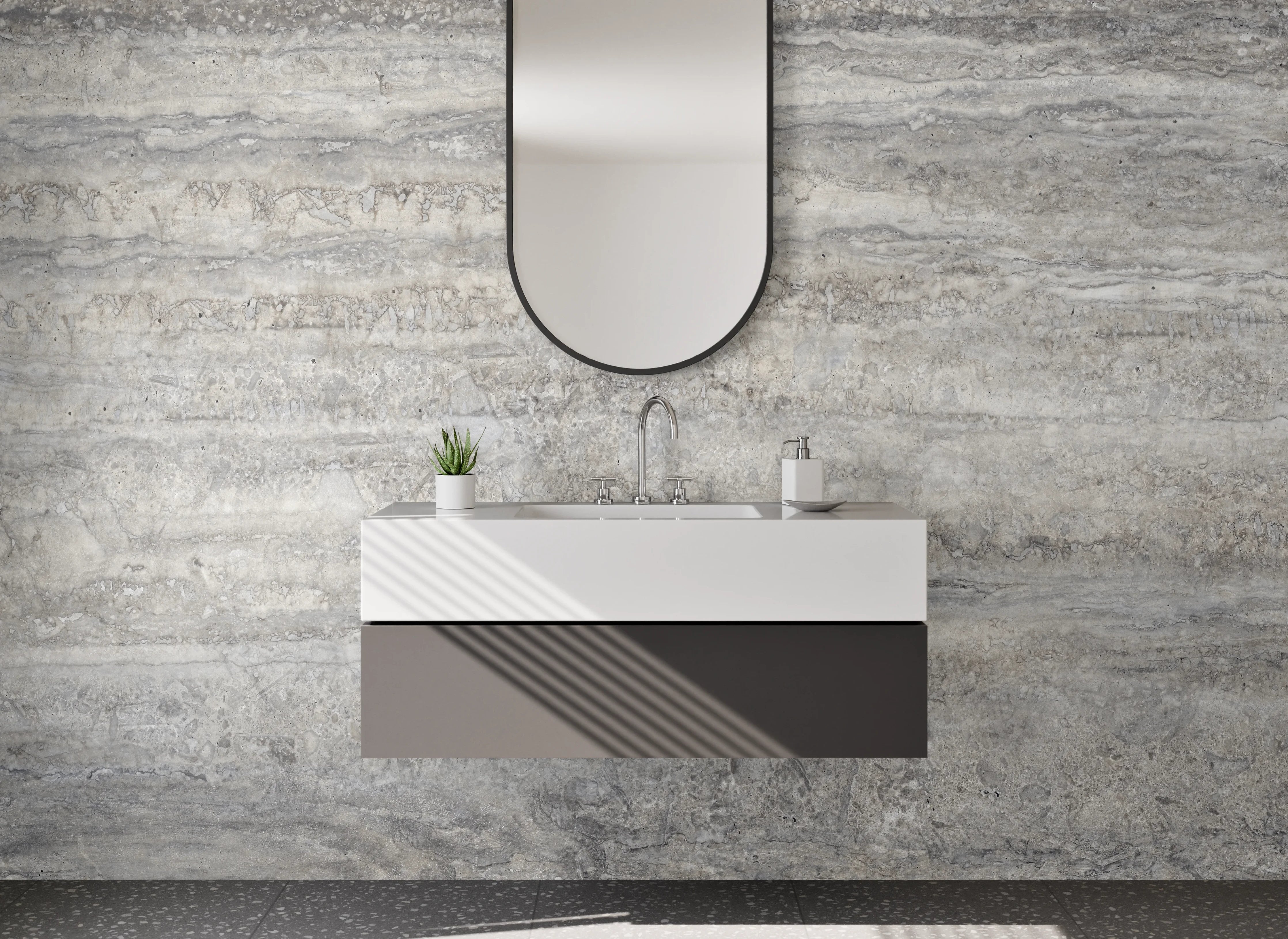 Waschbecken-Rückwand - Modernes Travertin-Grau Design