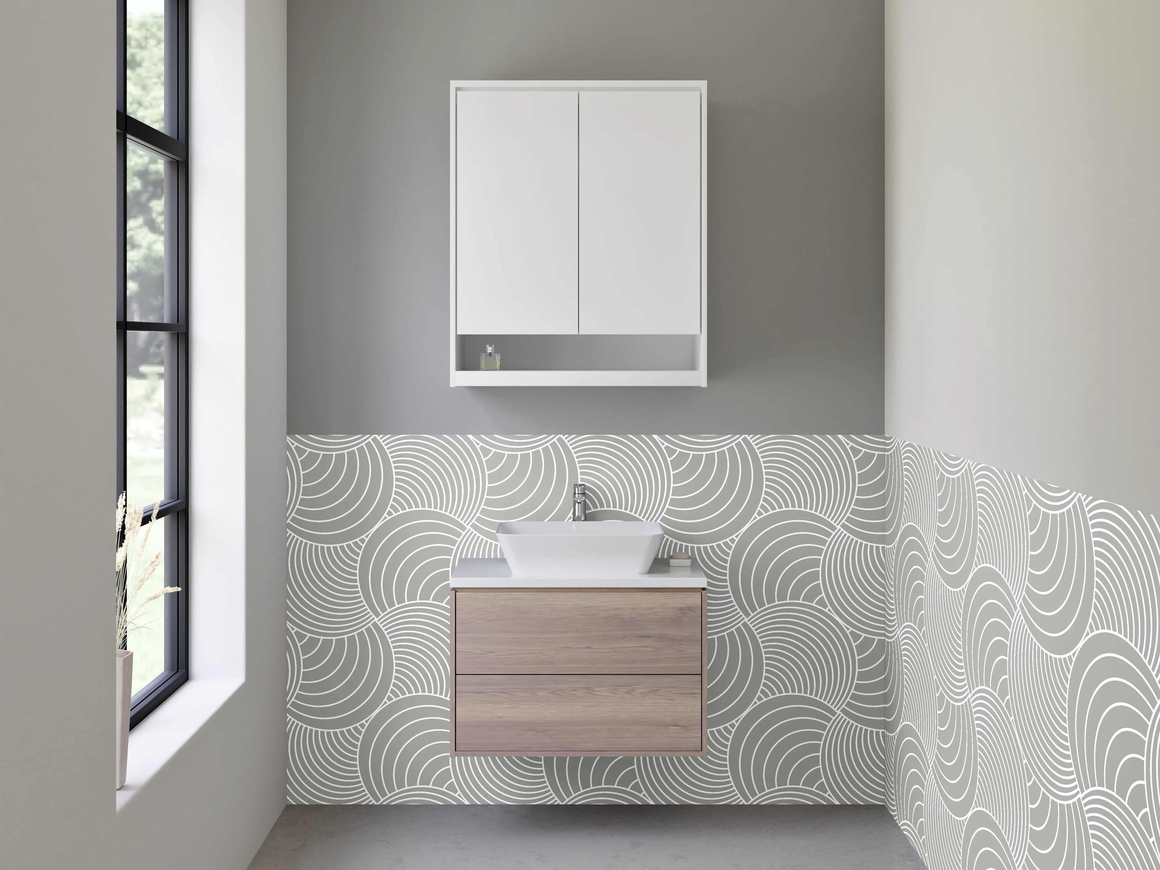Waschbecken-Rückwand - Modernes Wellenmuster Grau-Weiß Minimal