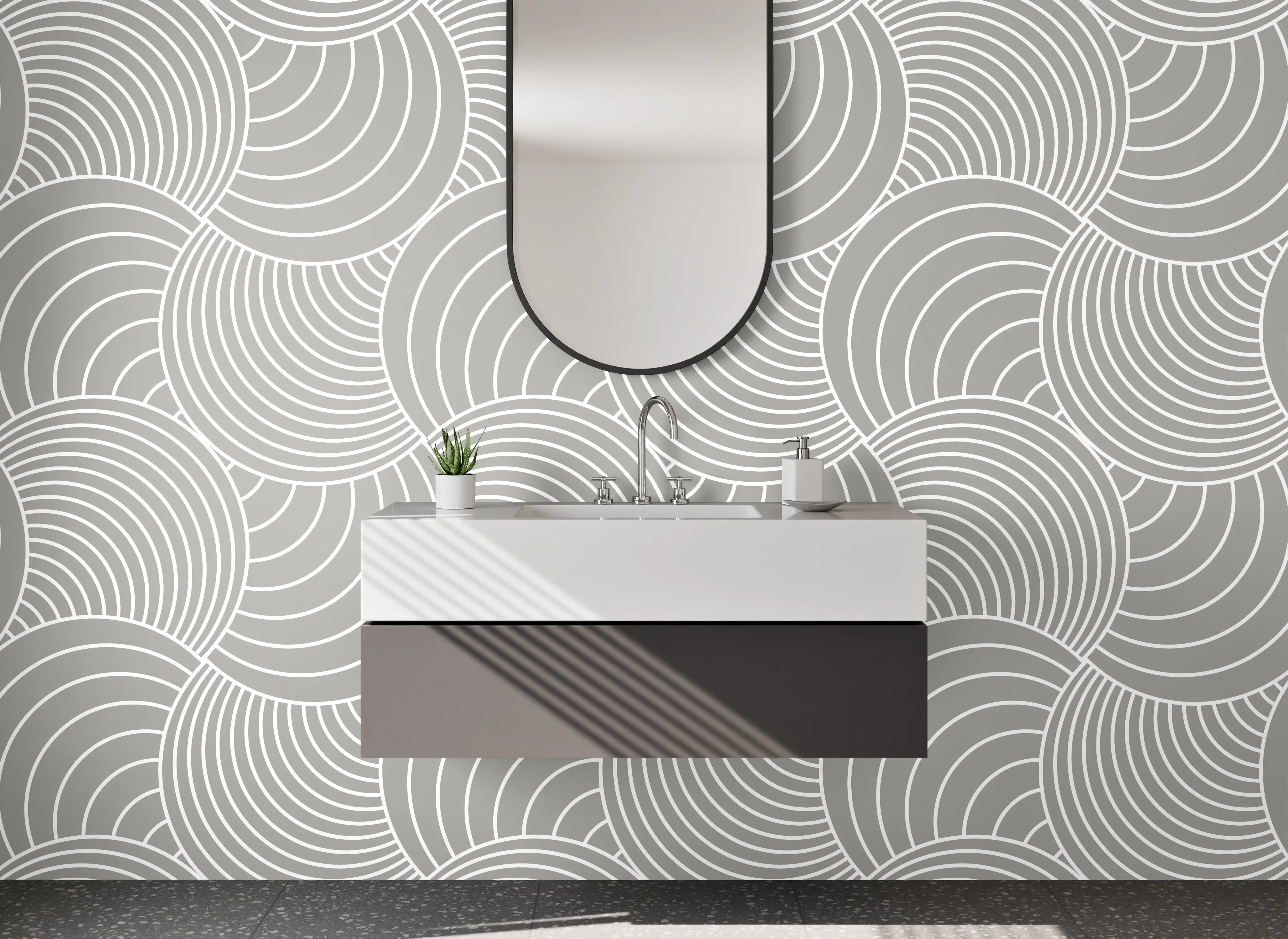 Waschbecken-Rückwand - Modernes Wellenmuster Grau-Weiß Minimal