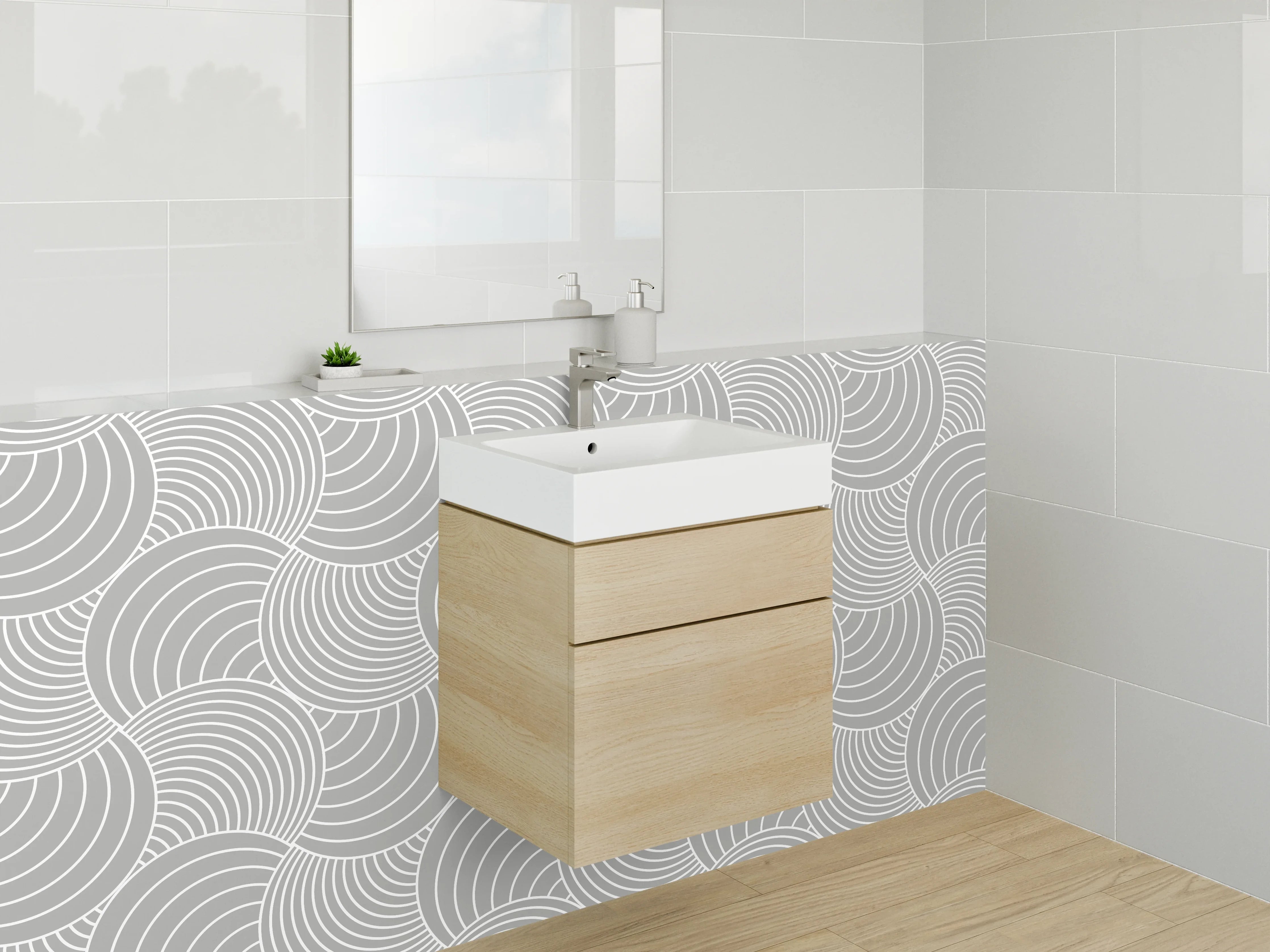 Waschbecken-Rückwand - Modernes Wellenmuster Grau-Weiß Minimal