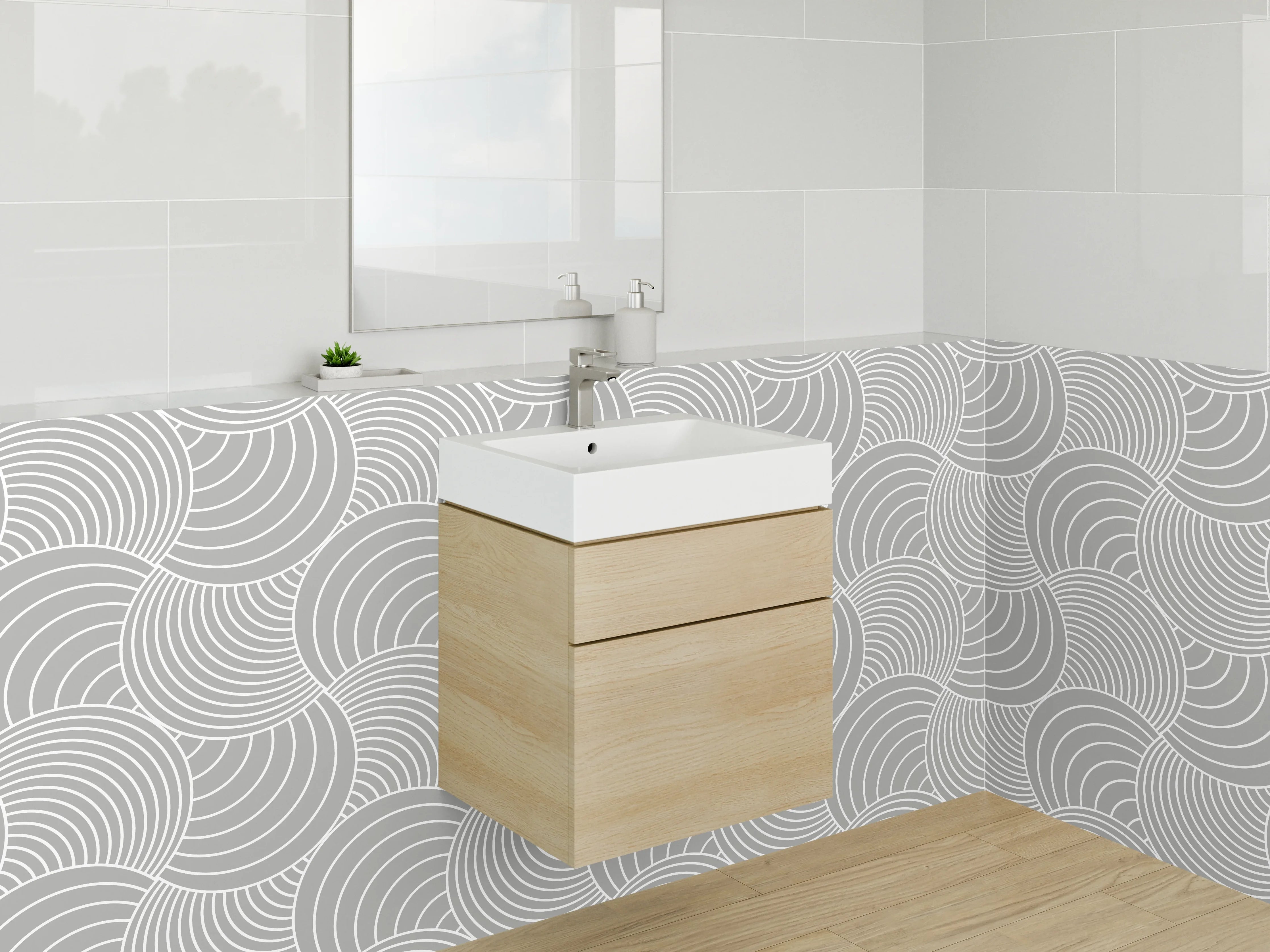 Waschbecken-Rückwand - Modernes Wellenmuster Grau-Weiß Minimal
