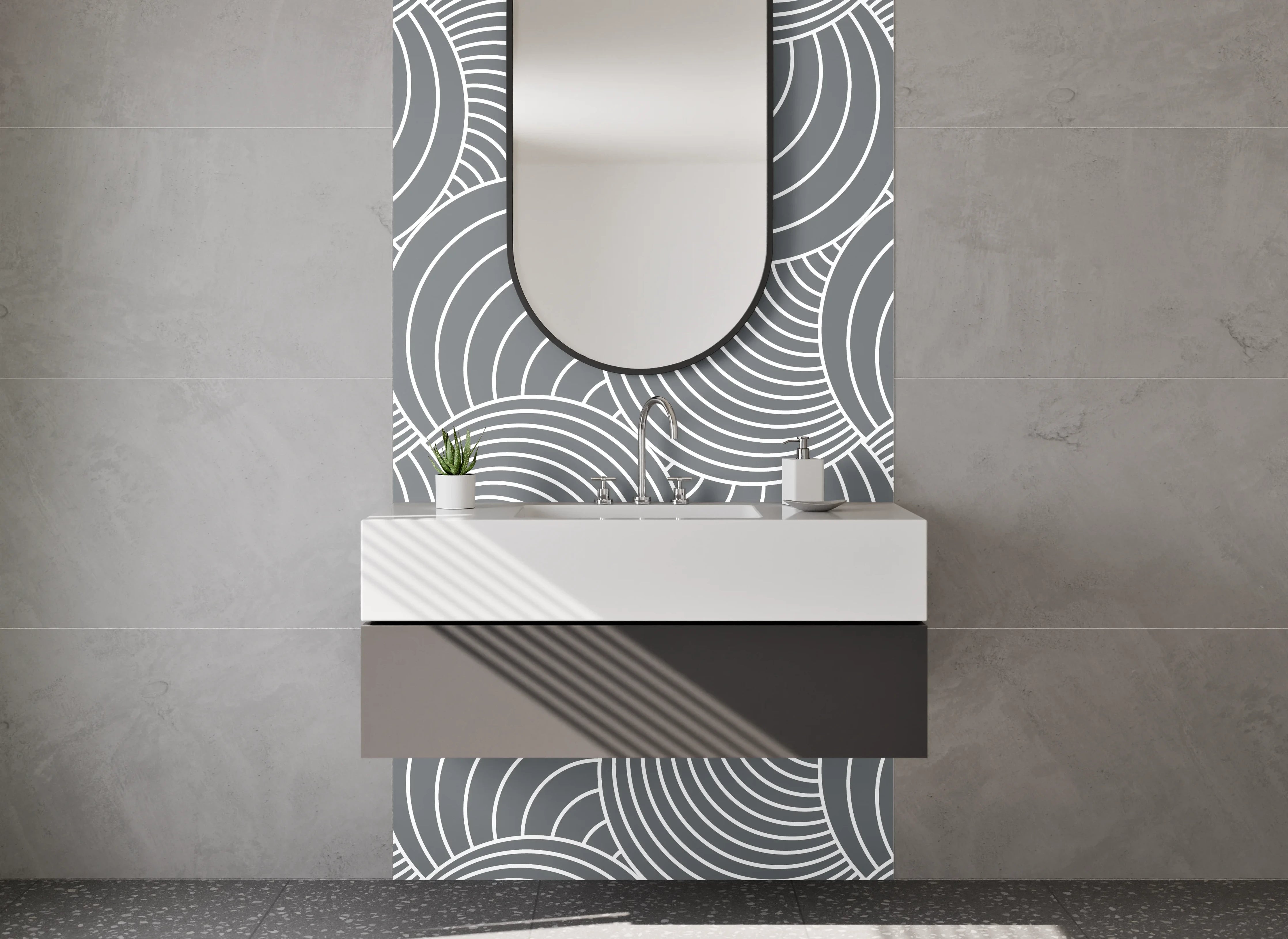 Waschbecken-Rückwand - Modernes Wellenmuster in Grau und Weiß