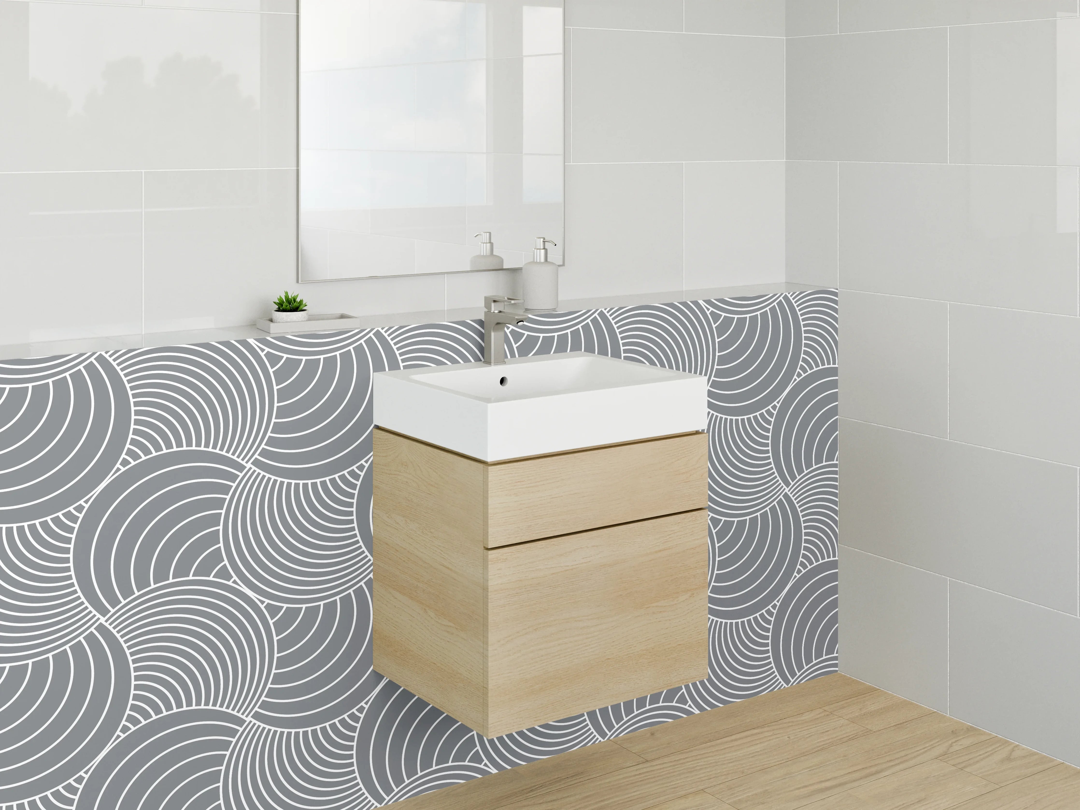 Waschbecken-Rückwand - Modernes Wellenmuster in Grau und Weiß