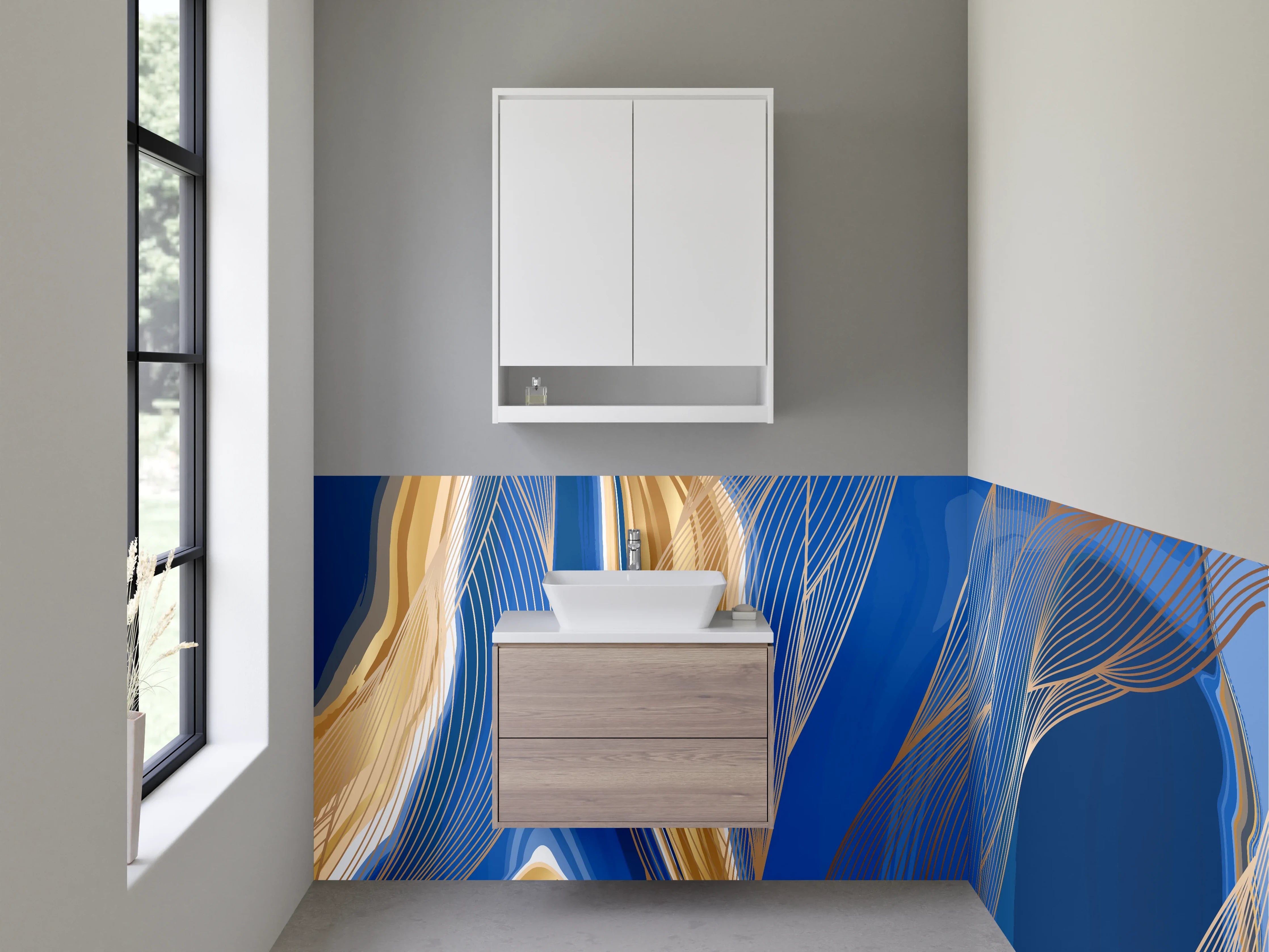 Waschbecken-Rückwand - Modernes abstraktes Blau-Gold-Motiv