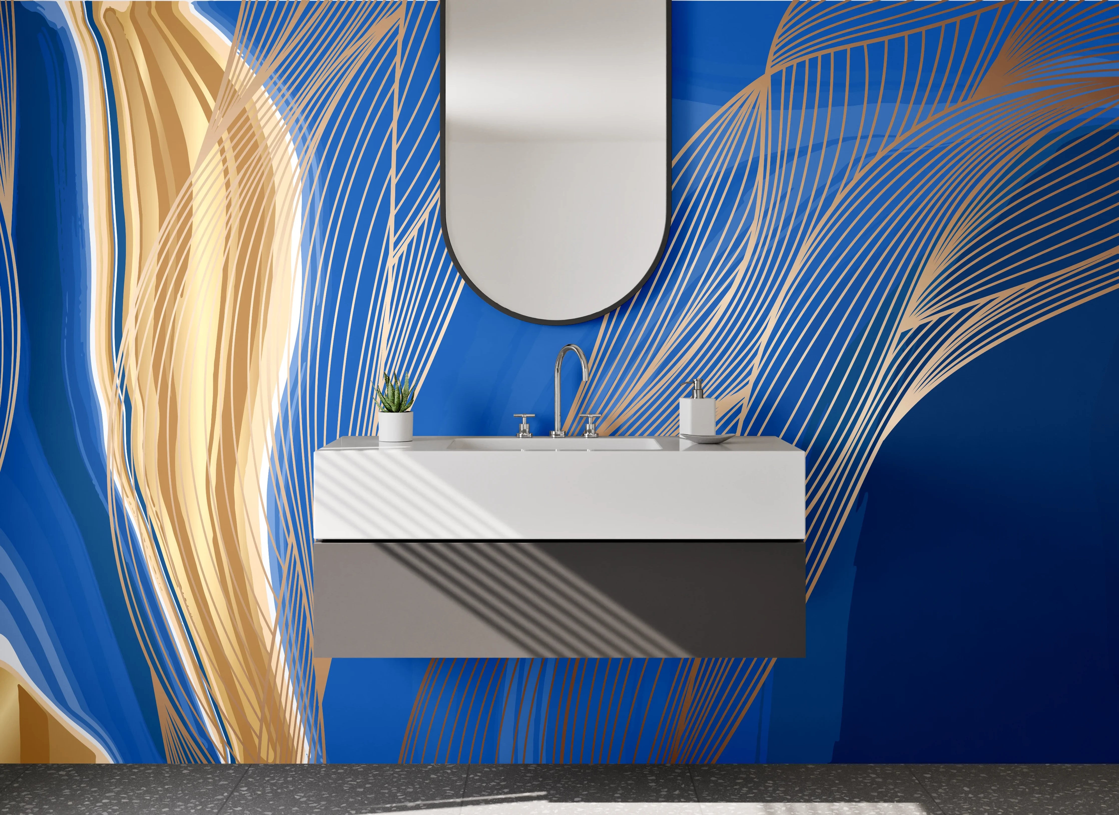 Waschbecken-Rückwand - Modernes abstraktes Blau-Gold-Motiv