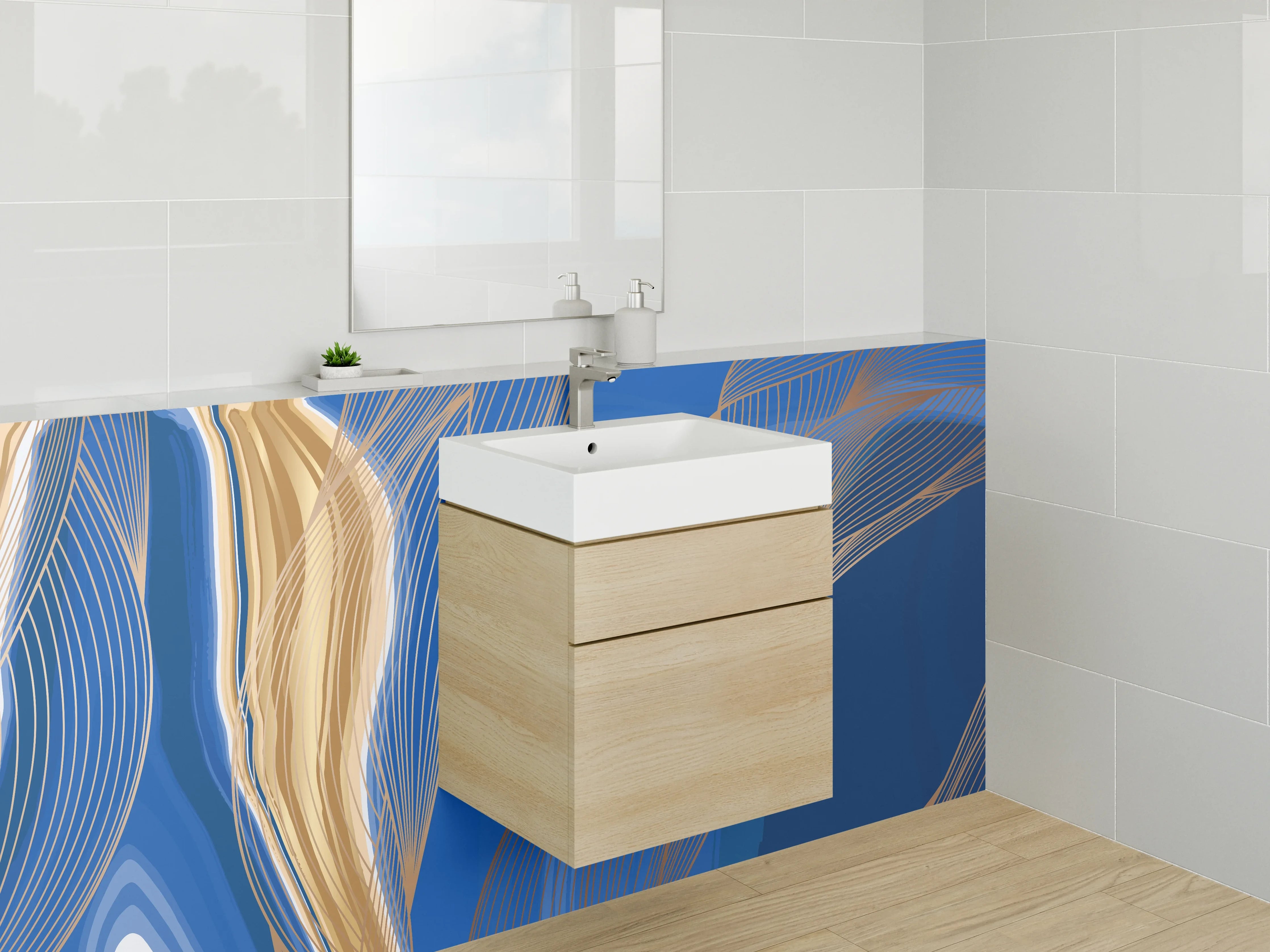 Waschbecken-Rückwand - Modernes abstraktes Blau-Gold-Motiv