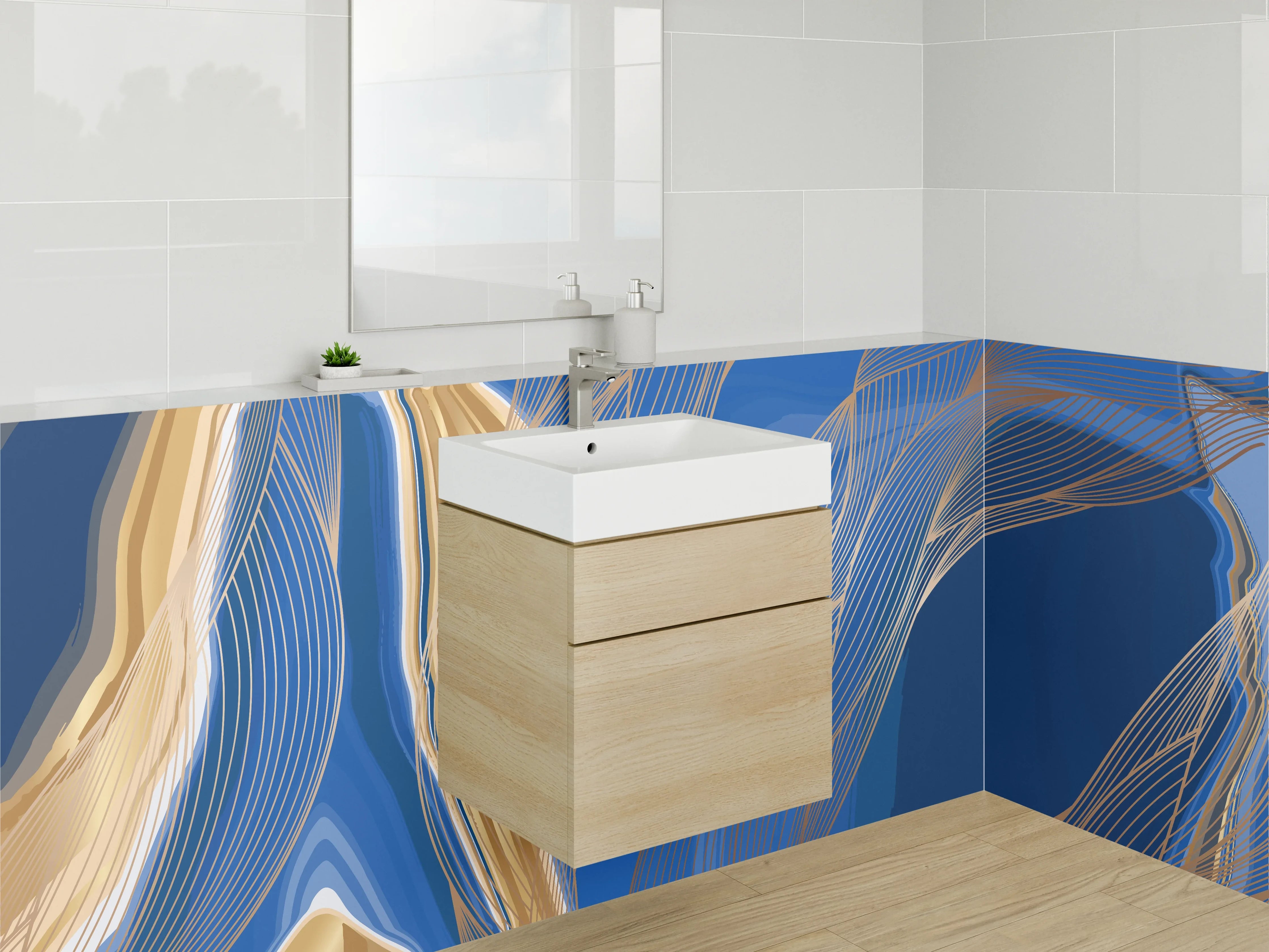 Waschbecken-Rückwand - Modernes abstraktes Blau-Gold-Motiv