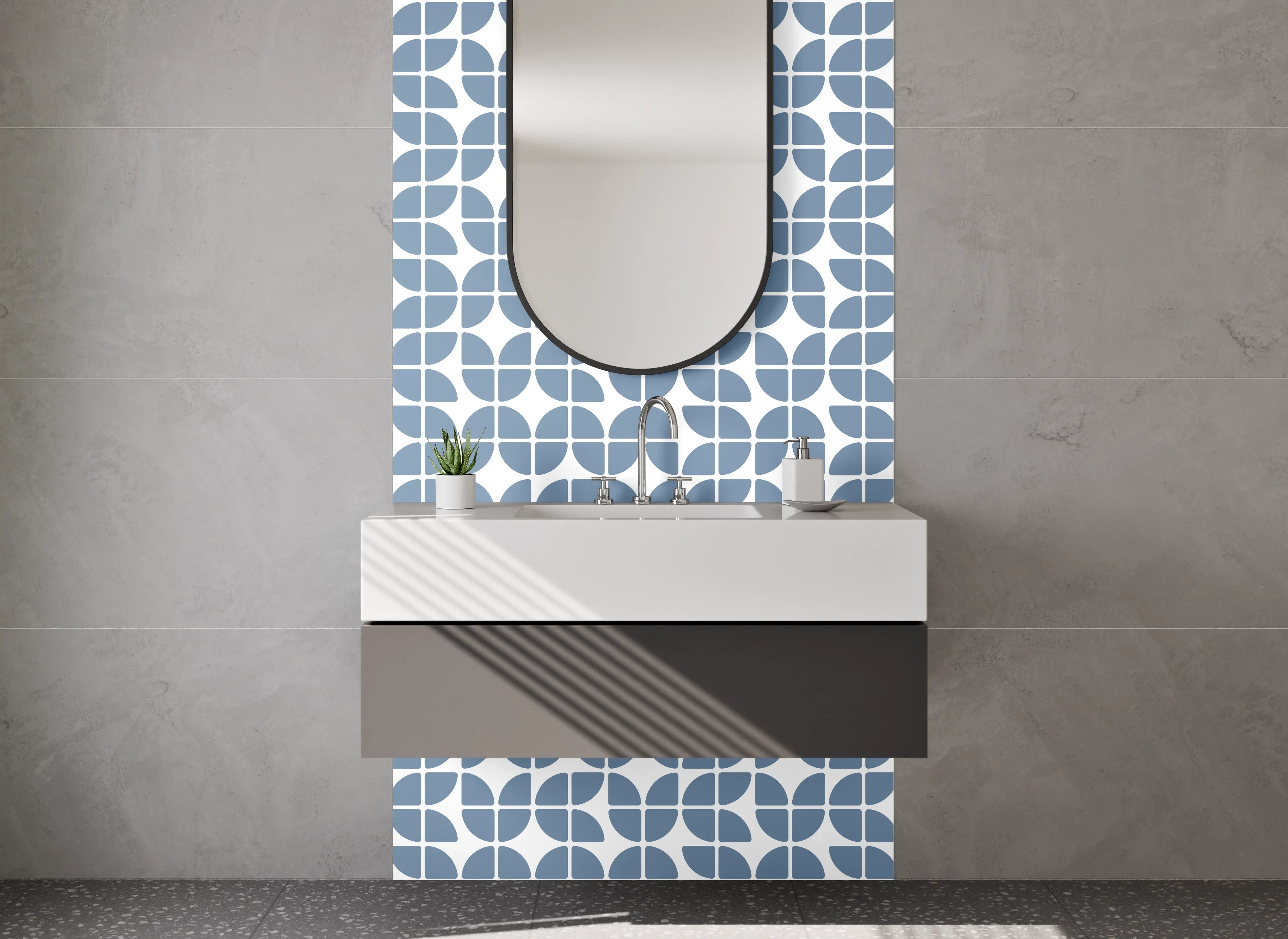 Waschbecken-Rückwand - Modernes blau-weißes Fliesenmuster