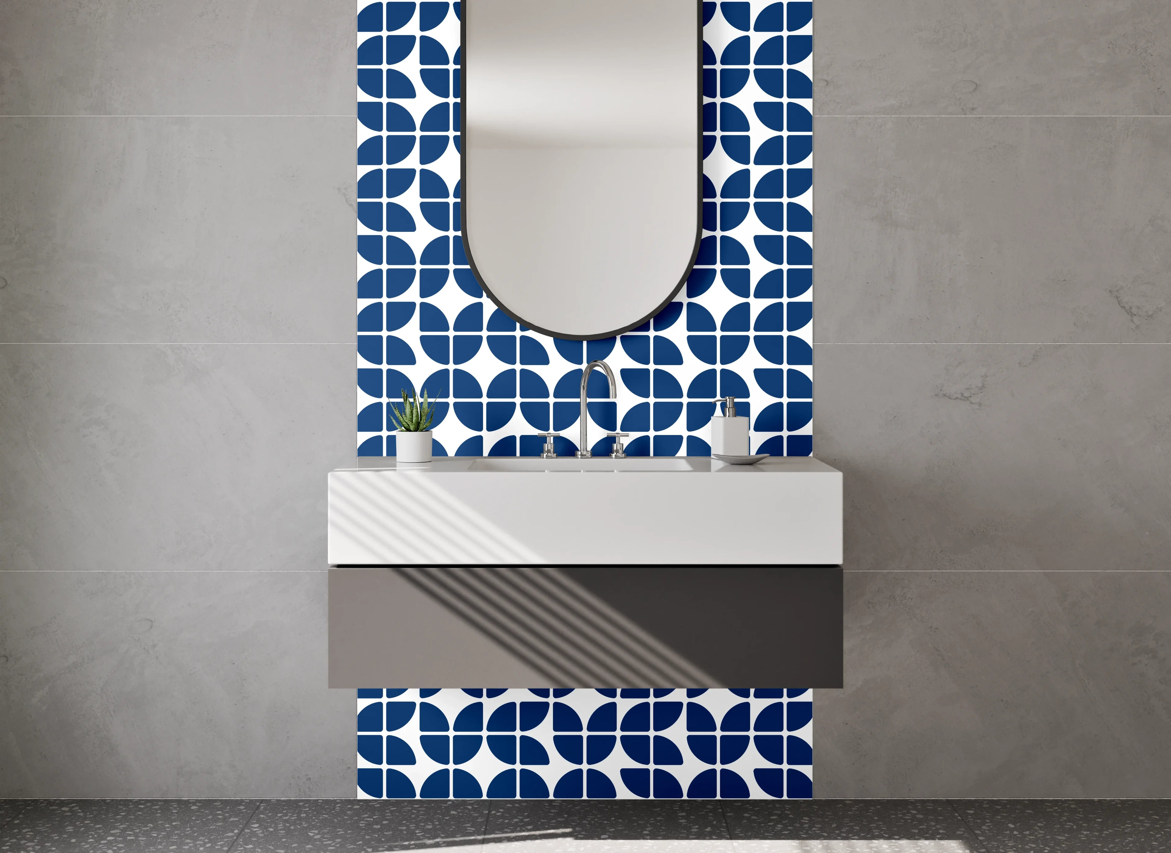 Waschbecken-Rückwand - Modernes blau-weißes Retro-Muster