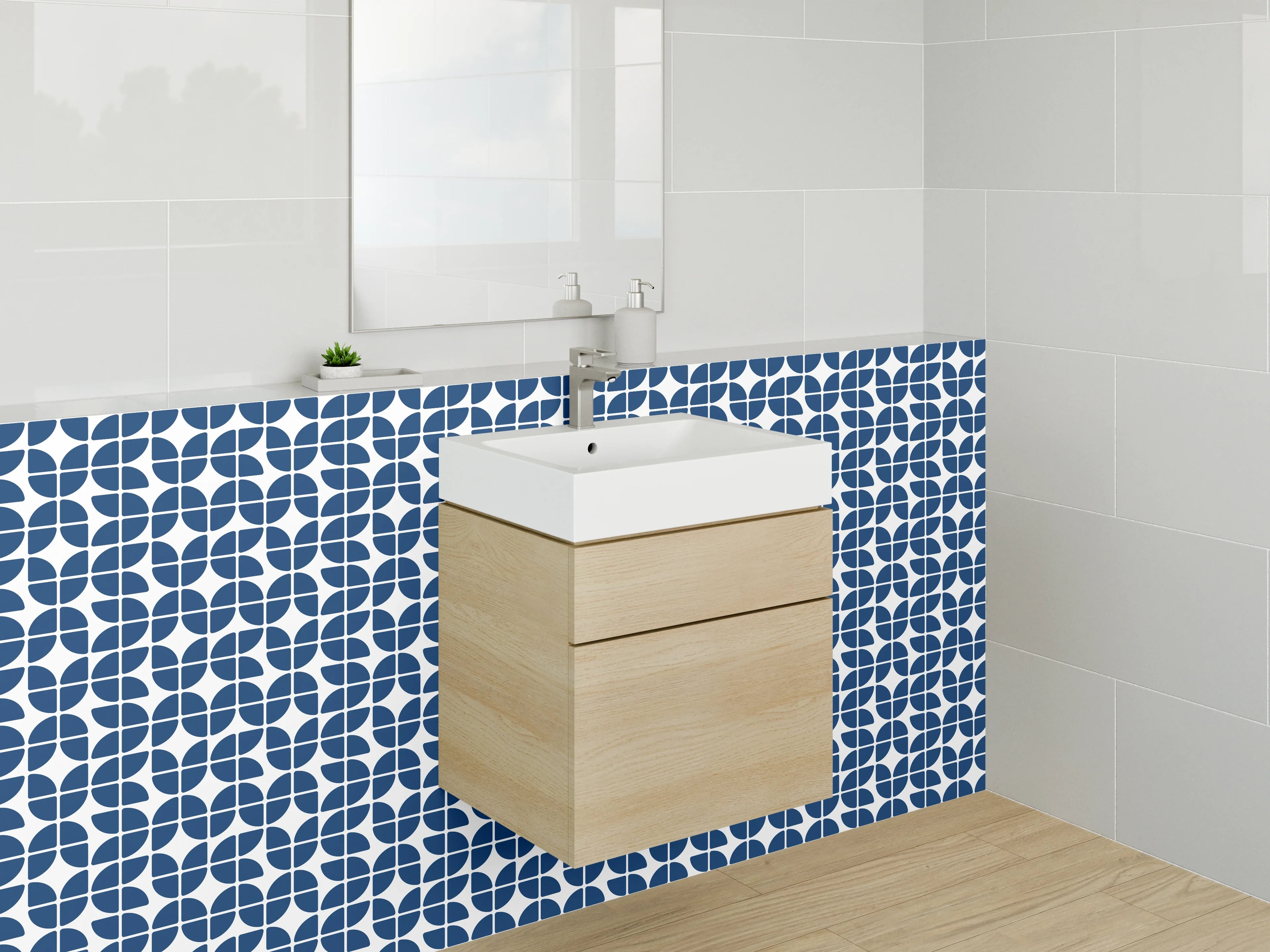 Waschbecken-Rückwand - Modernes blau-weißes Retro-Muster