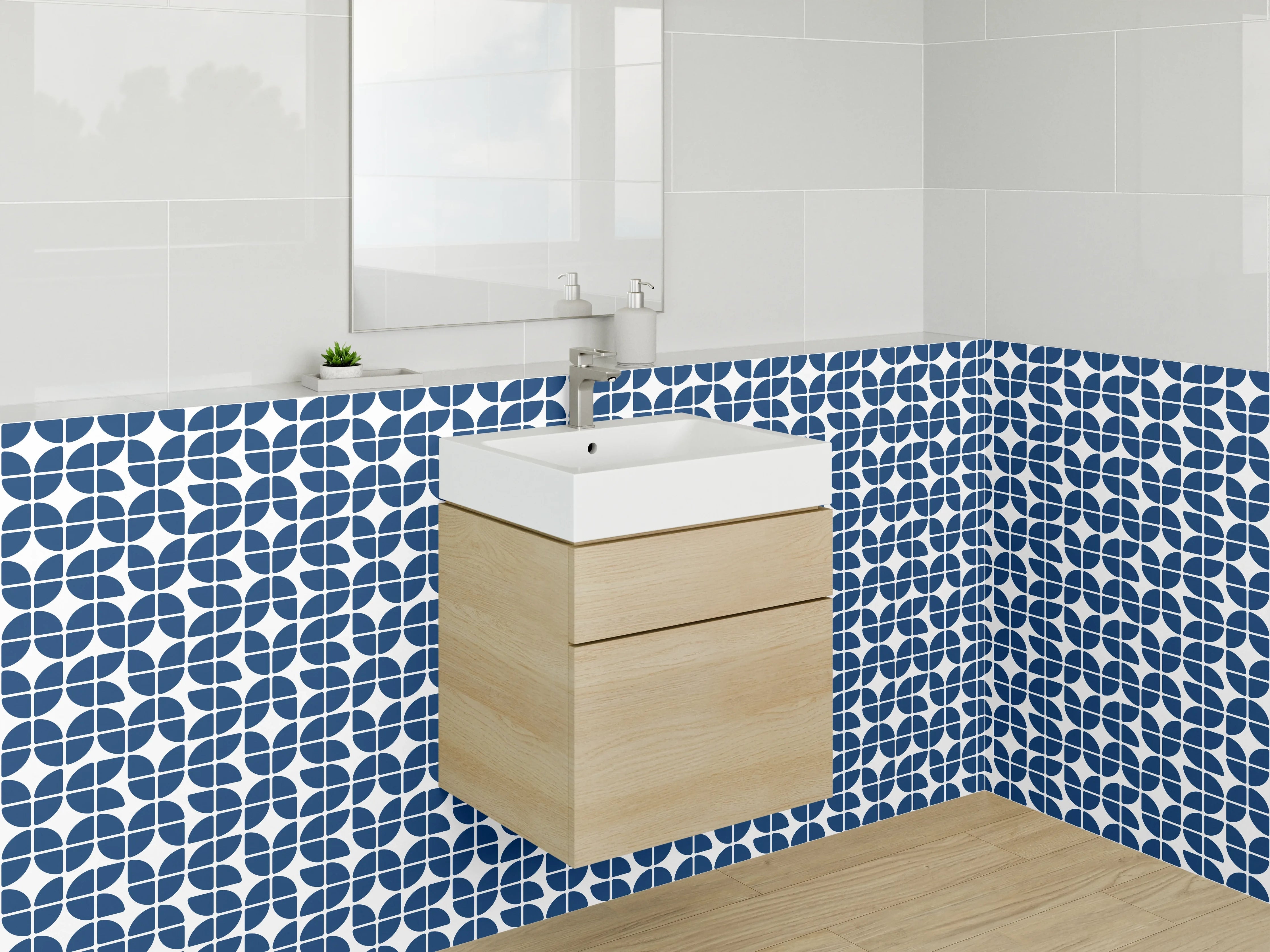 Waschbecken-Rückwand - Modernes blau-weißes Retro-Muster