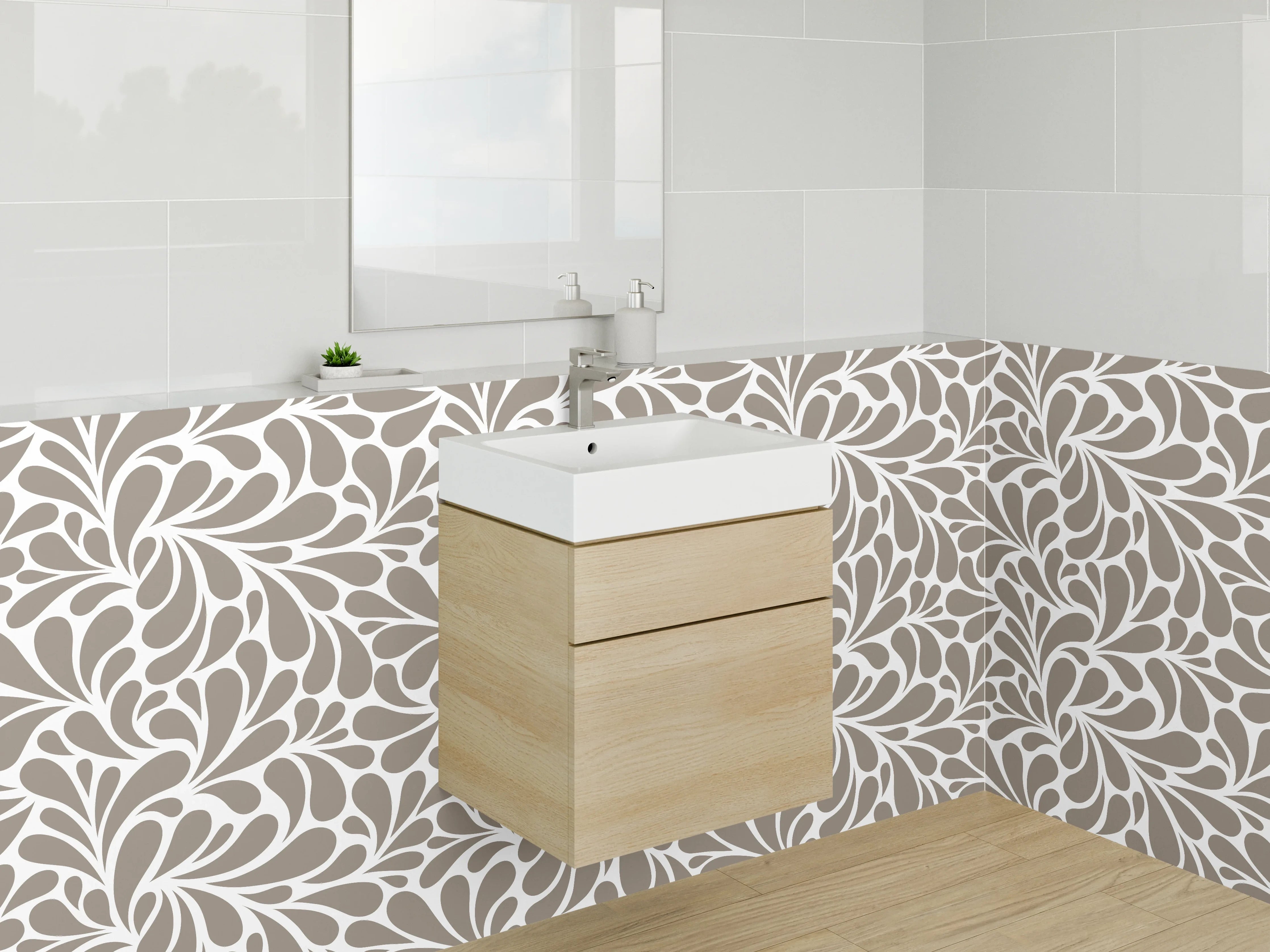 Waschbecken-Rückwand - Modernes florales Muster Braun-Weiß