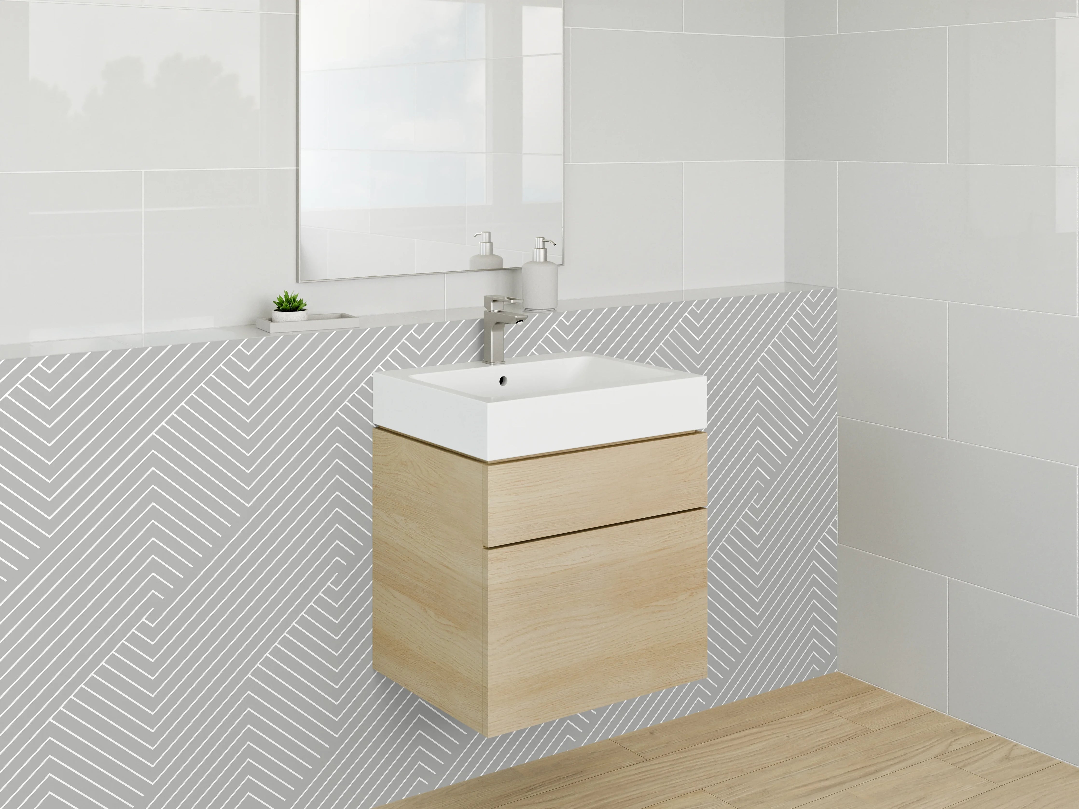 Waschbecken-Rückwand - Modernes geometrisches Linienmuster Weiß Grau