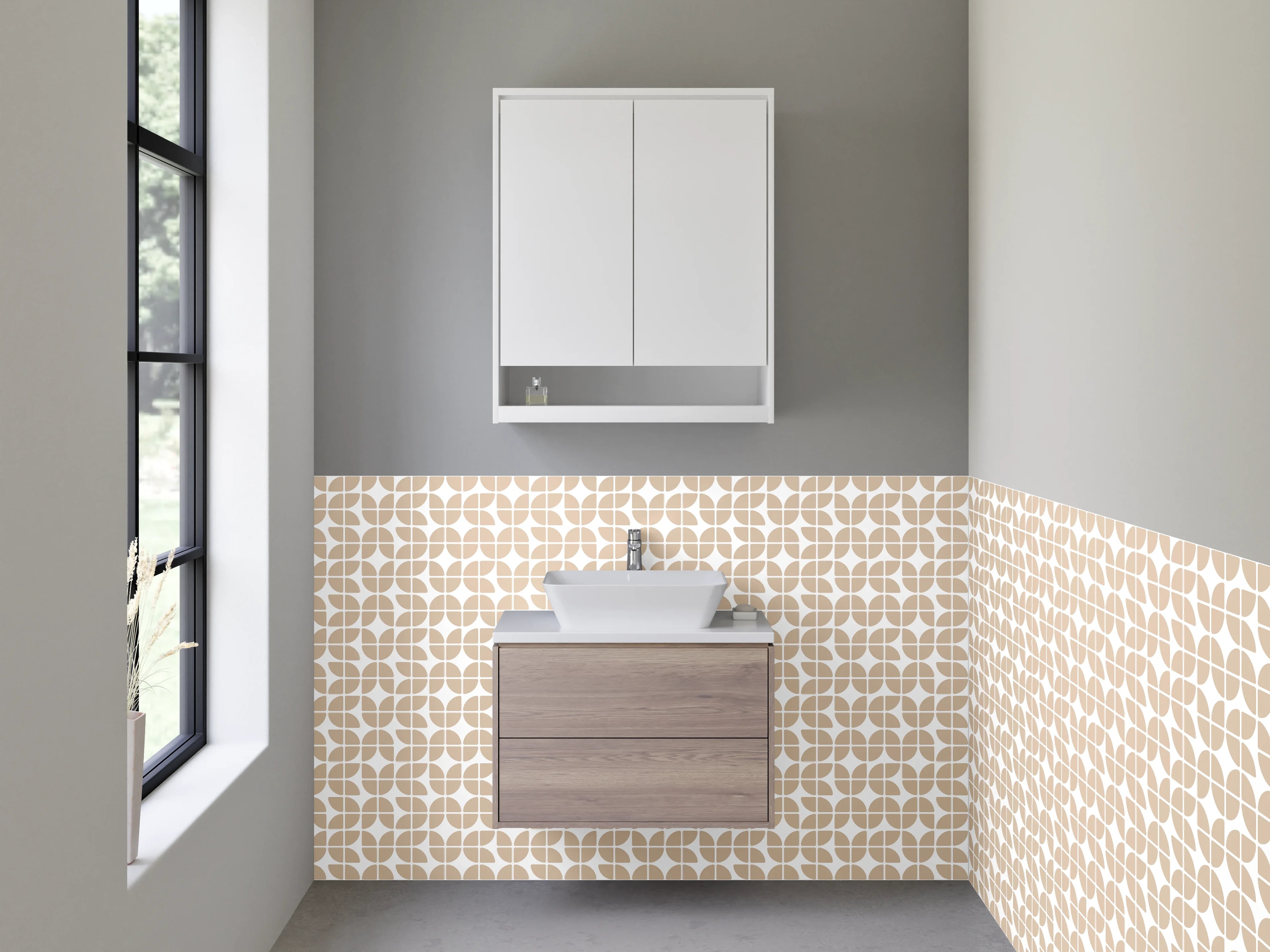 Waschbecken-Rückwand - Modernes geometrisches Muster Beige Weiß