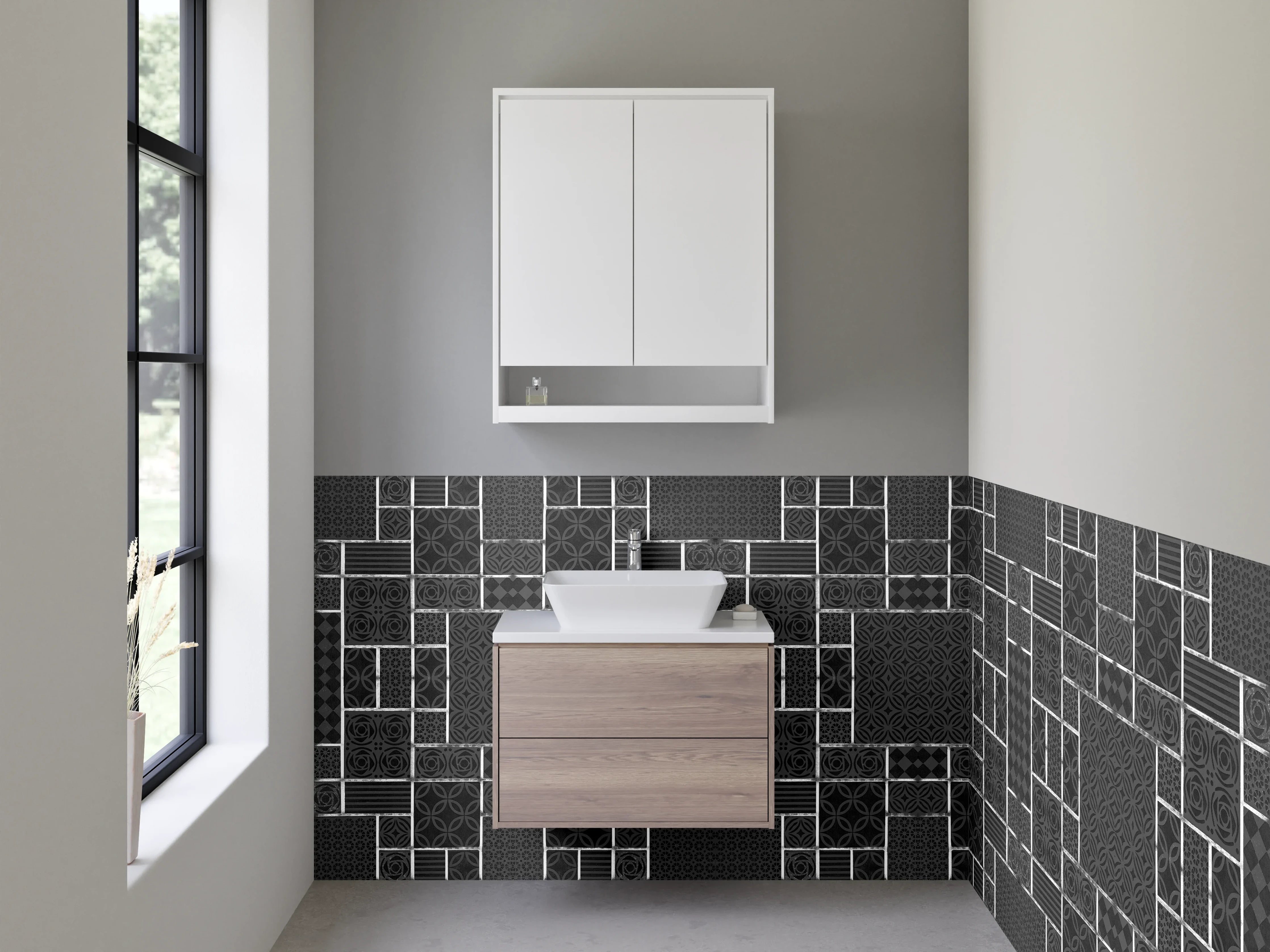 Waschbecken-Rückwand - Modernes geometrisches Muster Grau Schwarz