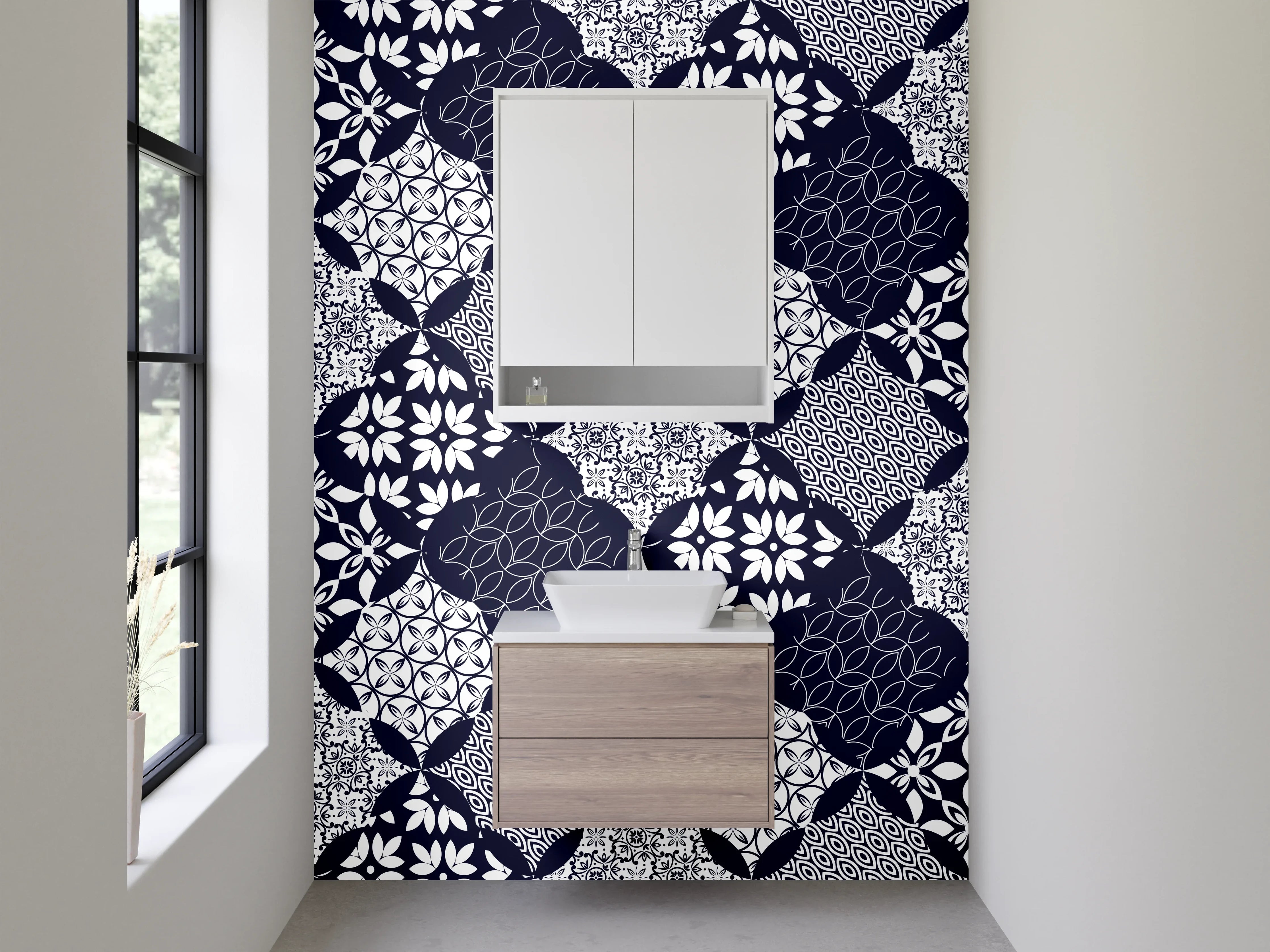 Waschbecken-Rückwand - Modernes geometrisches Rauten-Muster Blau Weiß