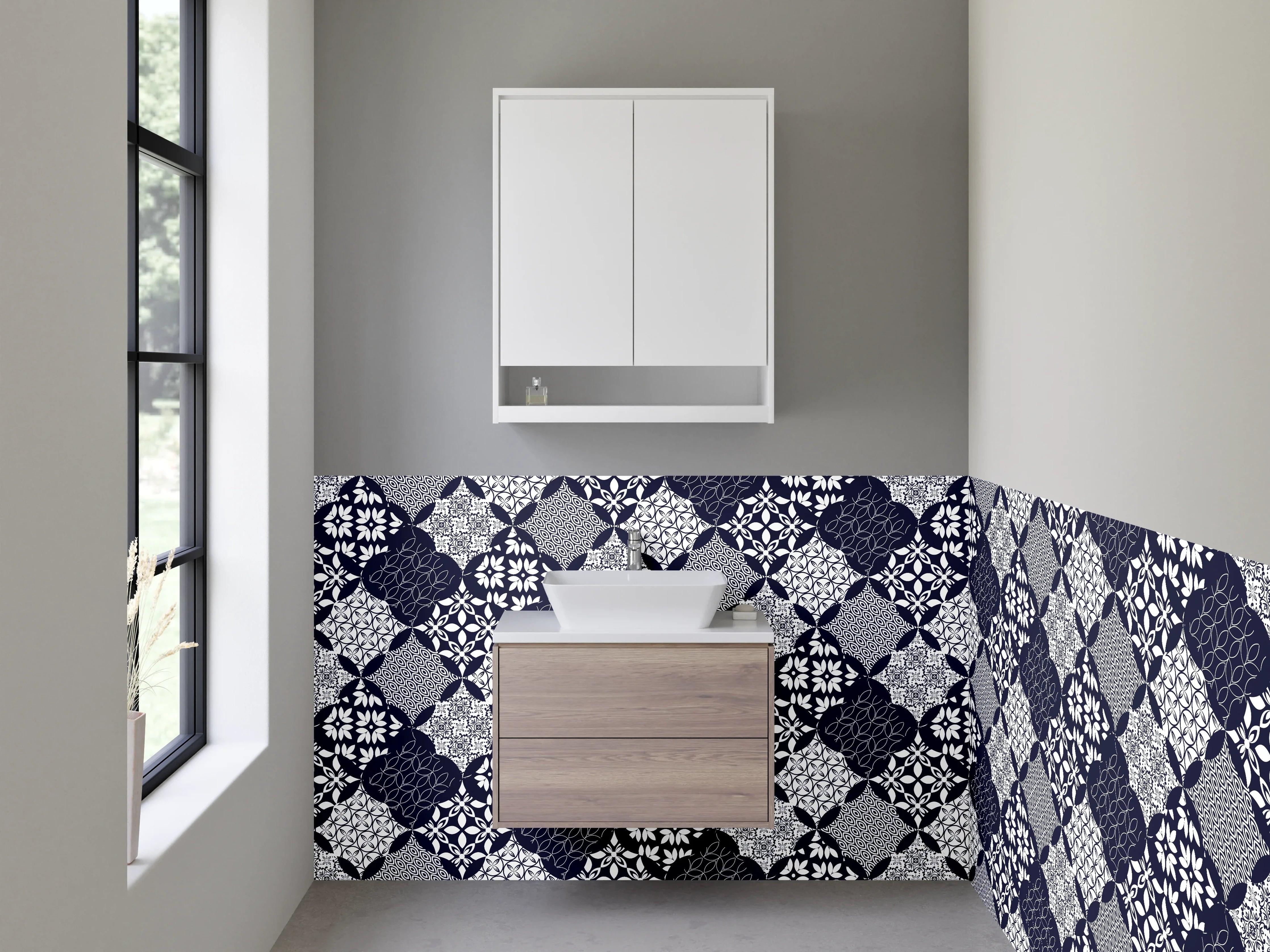 Waschbecken-Rückwand - Modernes geometrisches Rauten-Muster Blau Weiß
