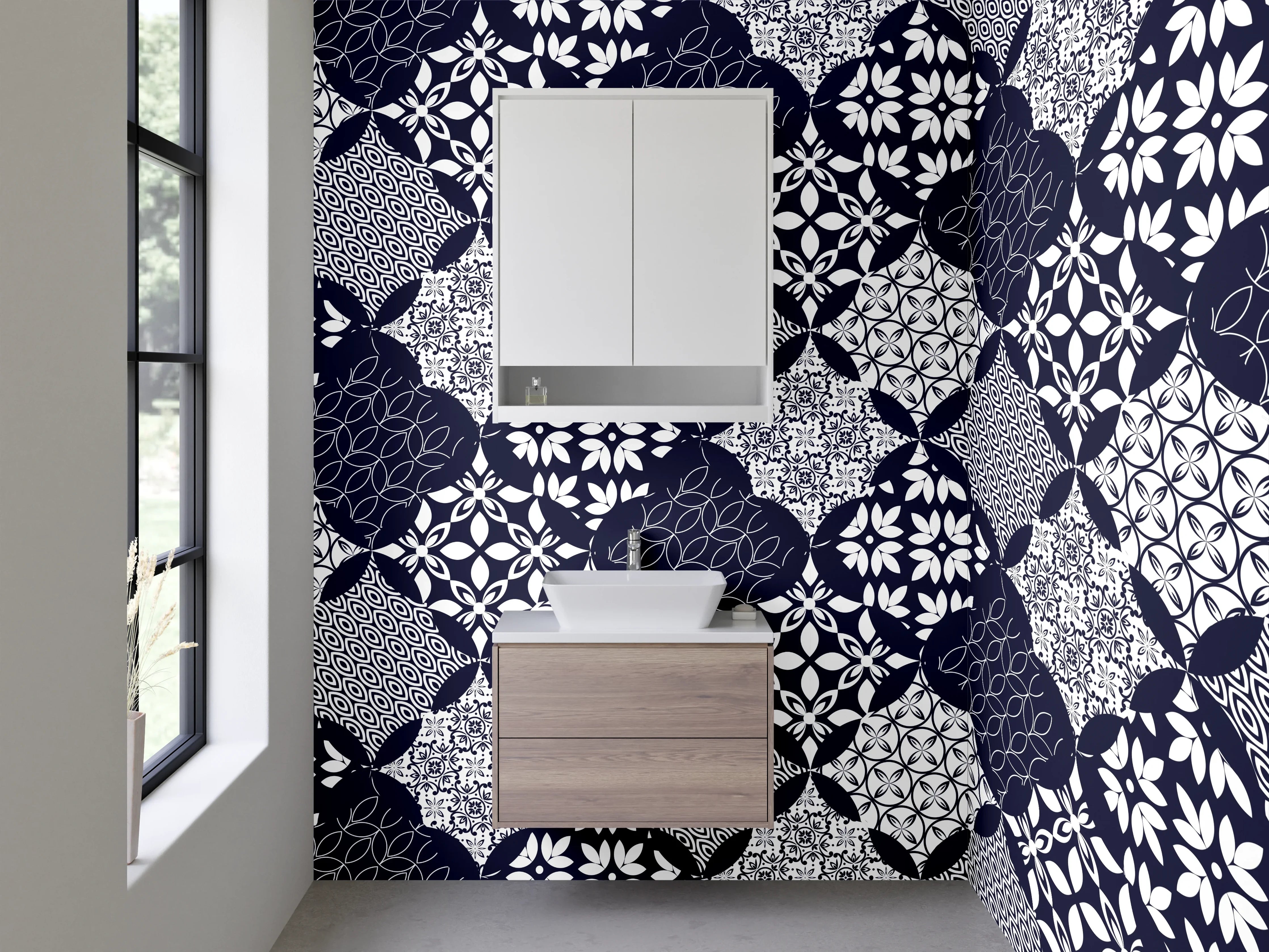 Waschbecken-Rückwand - Modernes geometrisches Rauten-Muster Blau Weiß
