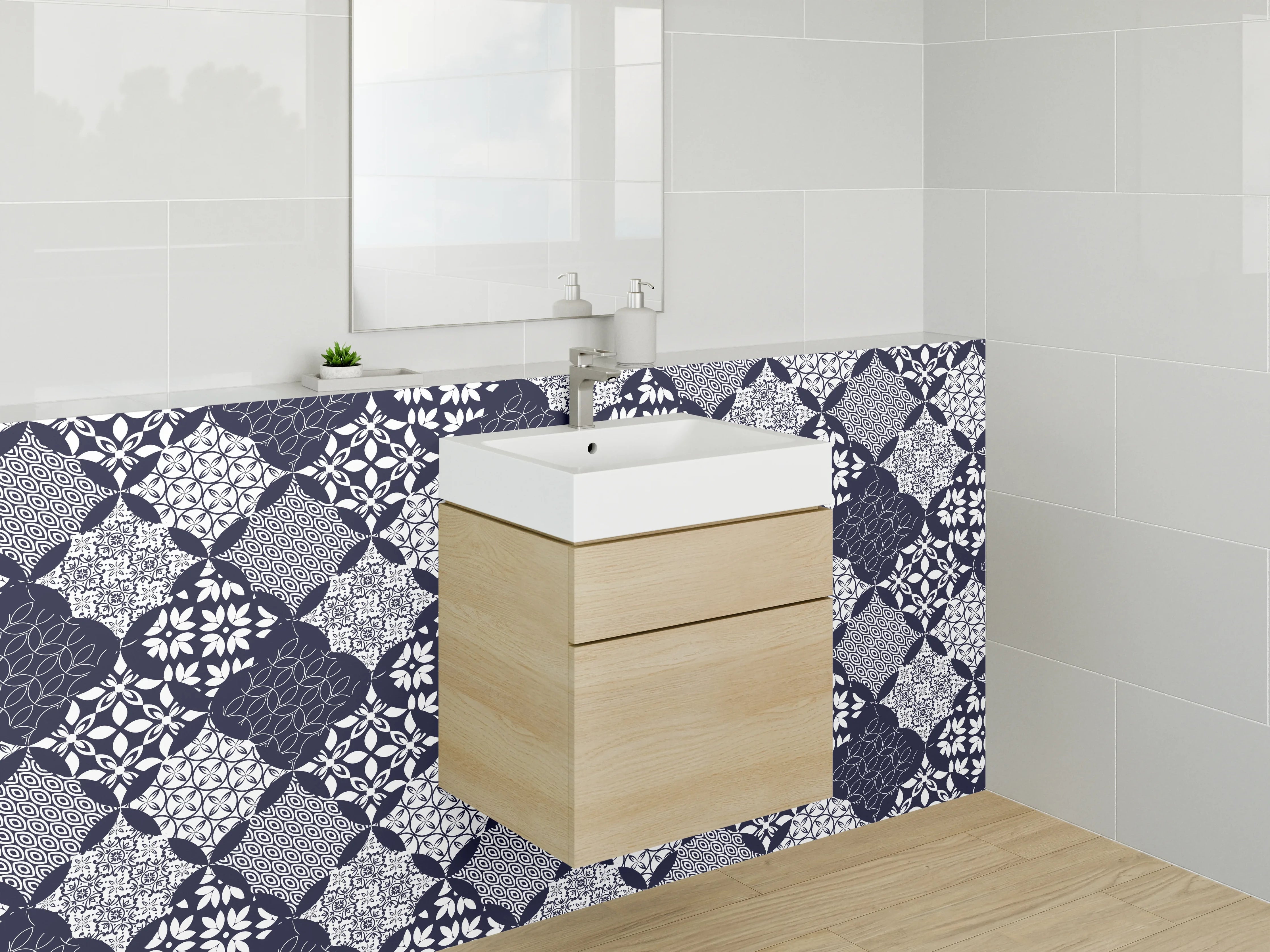 Waschbecken-Rückwand - Modernes geometrisches Rauten-Muster Blau Weiß