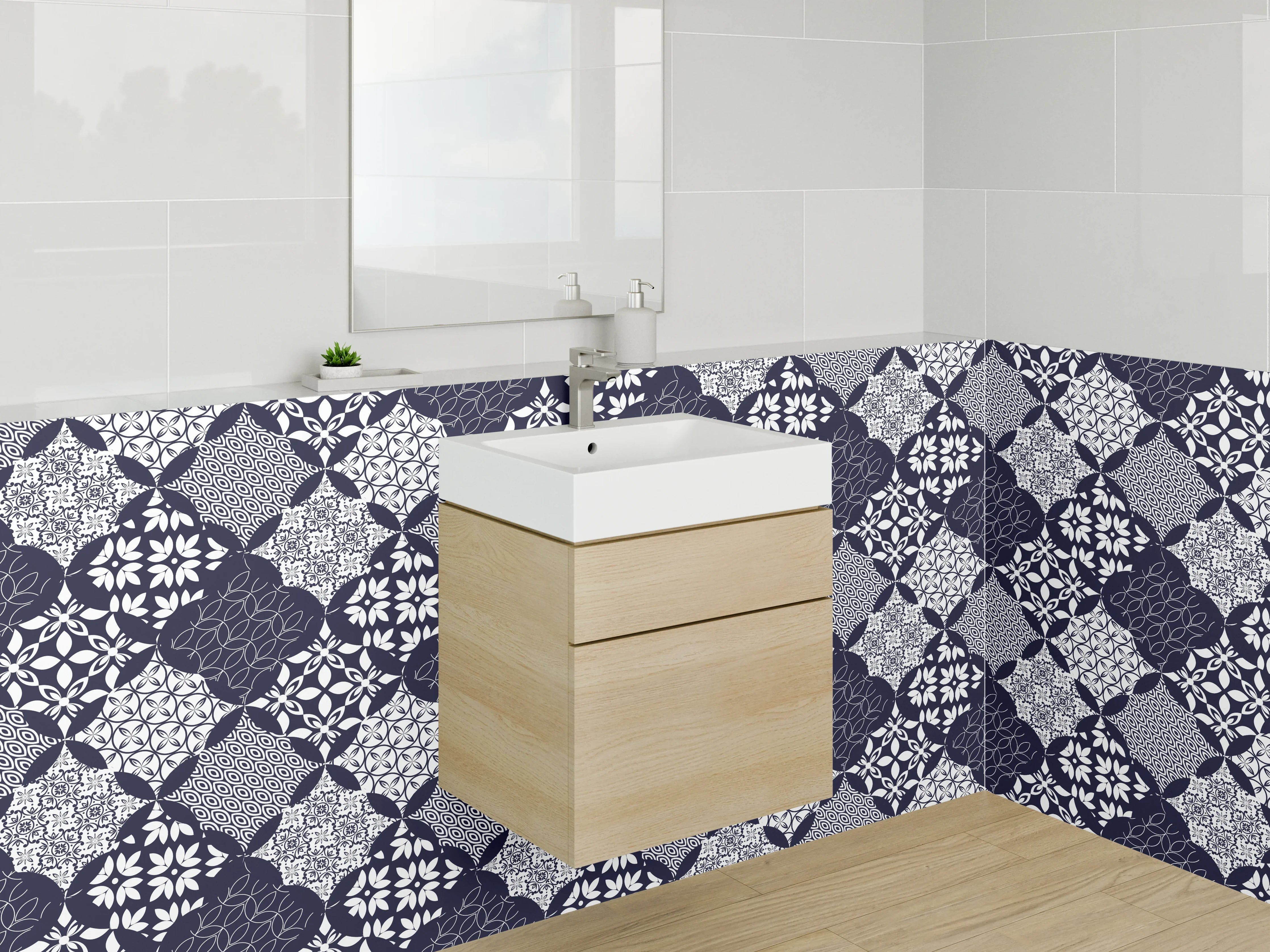 Waschbecken-Rückwand - Modernes geometrisches Rauten-Muster Blau Weiß