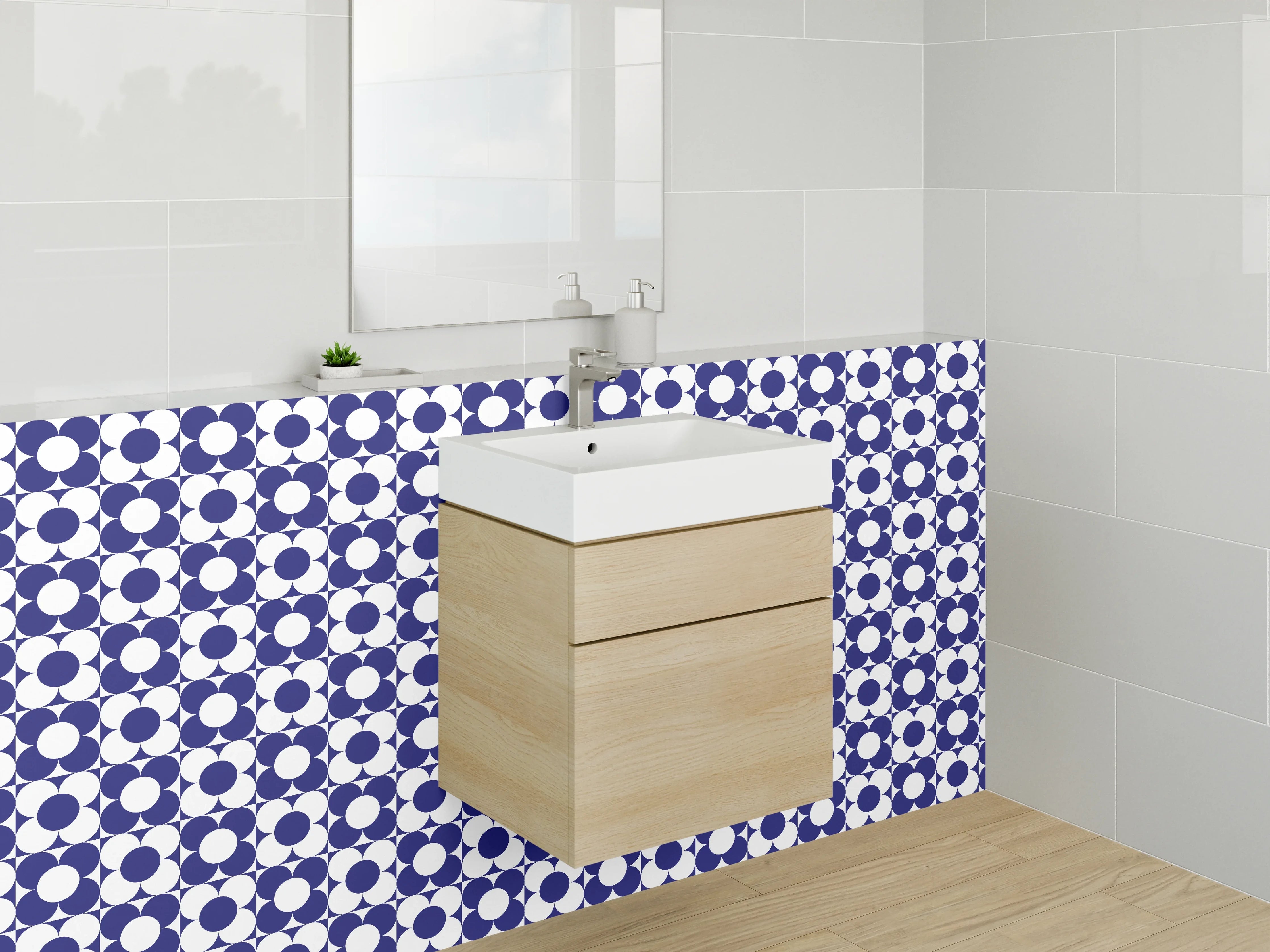 Waschbecken-Rückwand - Modernes geometrisches Retro-Muster Blau Weiß