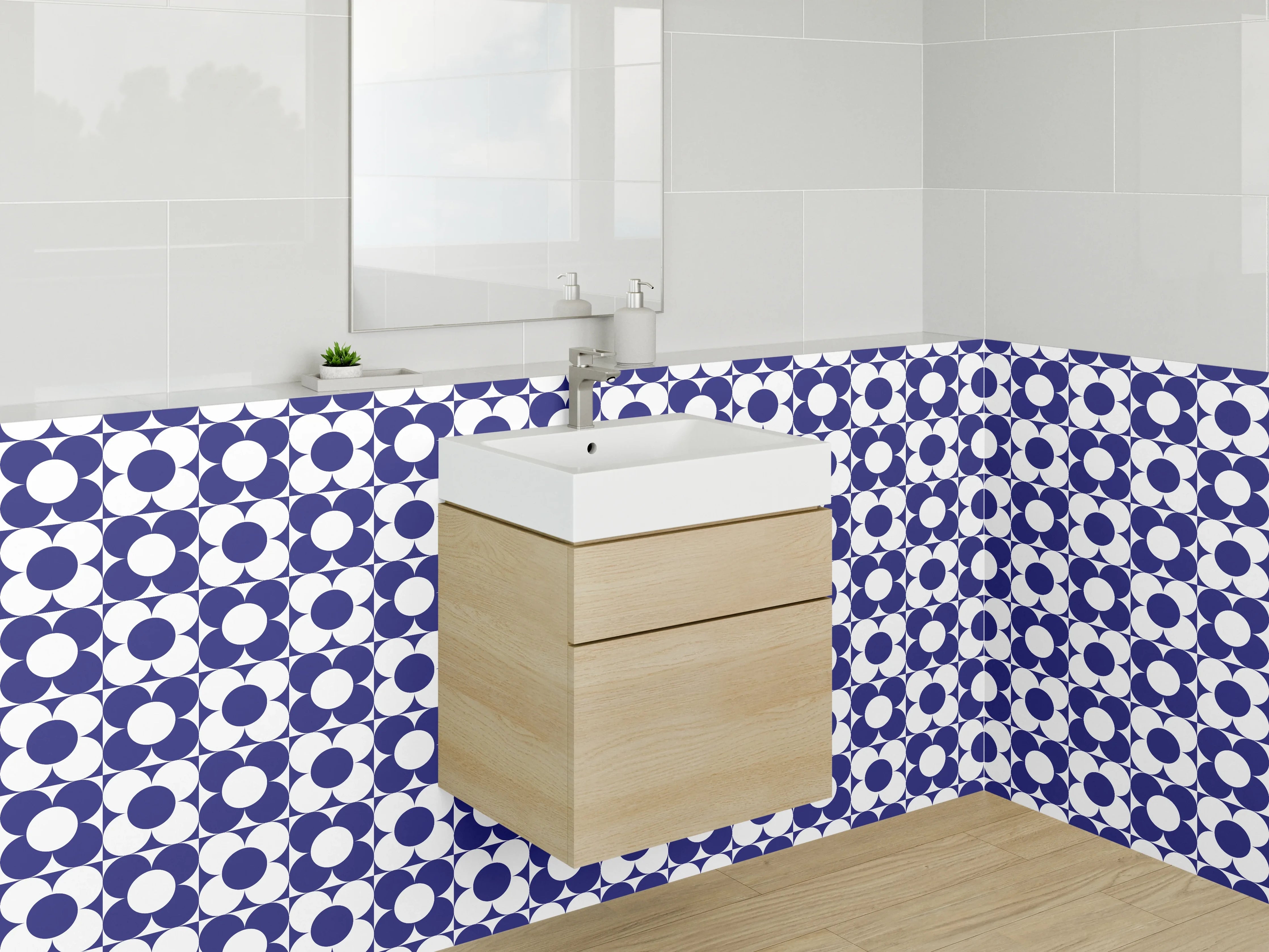 Waschbecken-Rückwand - Modernes geometrisches Retro-Muster Blau Weiß