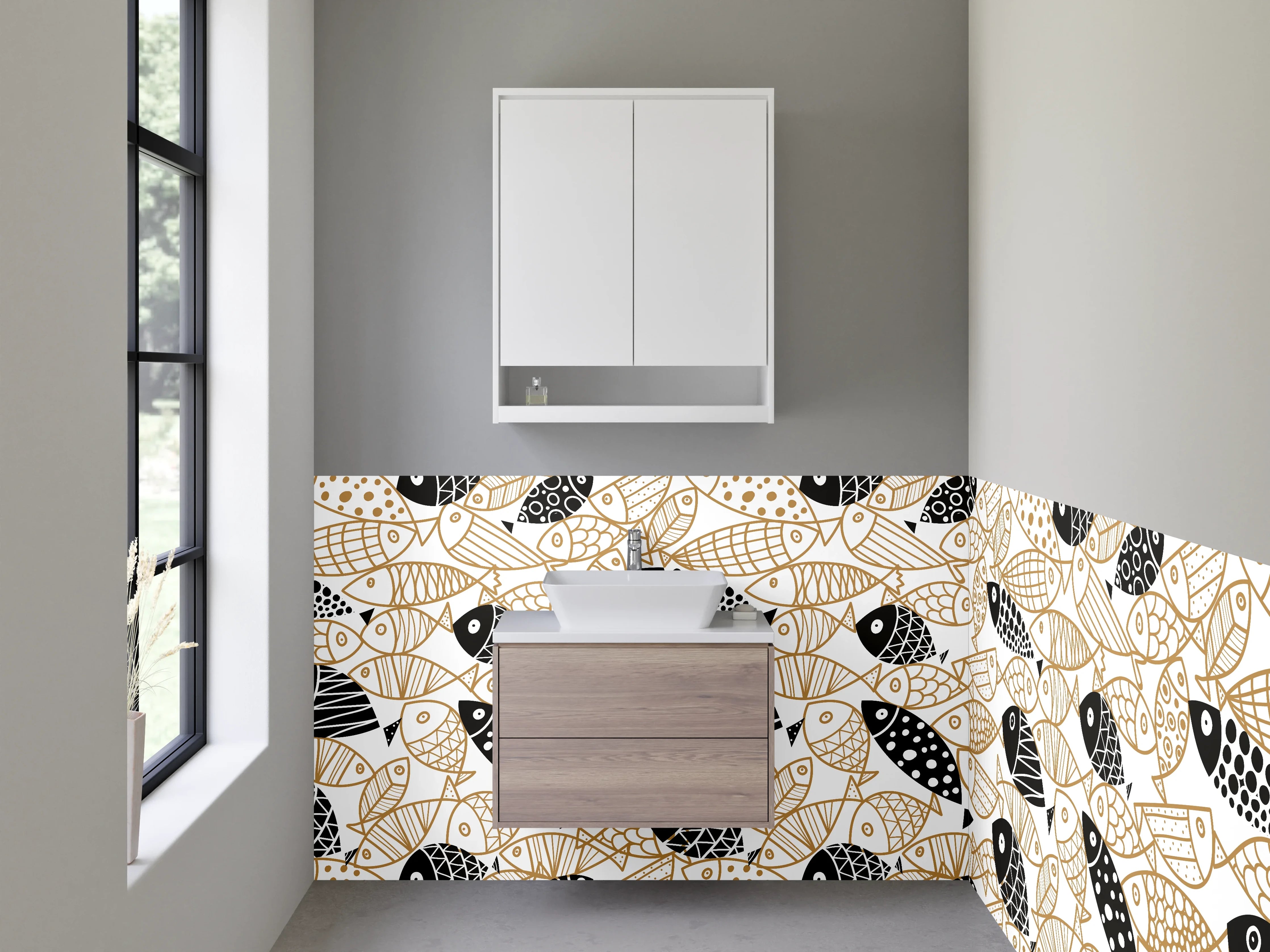 Waschbecken-Rückwand - Modisches Fischmuster in Schwarz & Beige