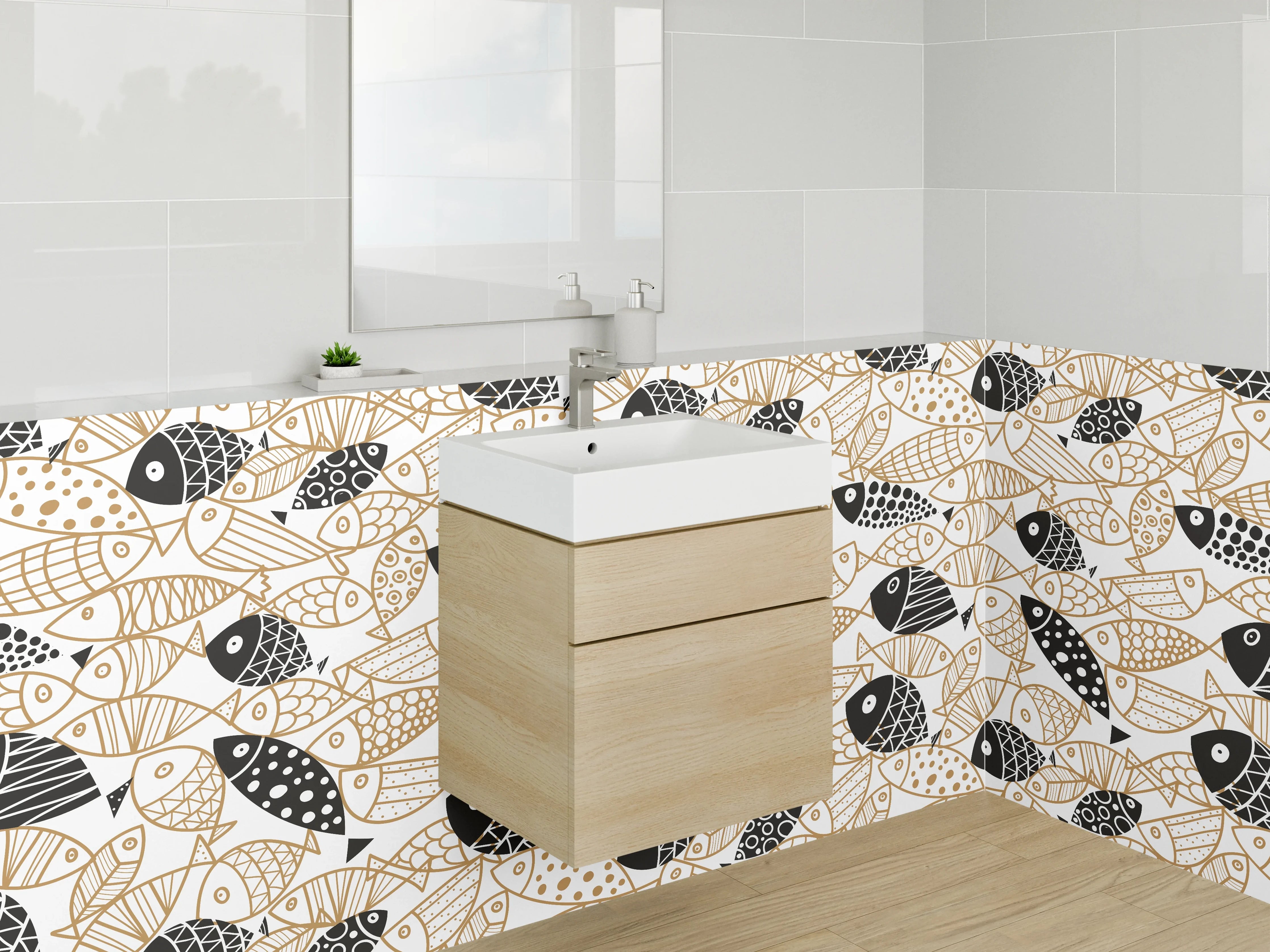 Waschbecken-Rückwand - Modisches Fischmuster in Schwarz & Beige