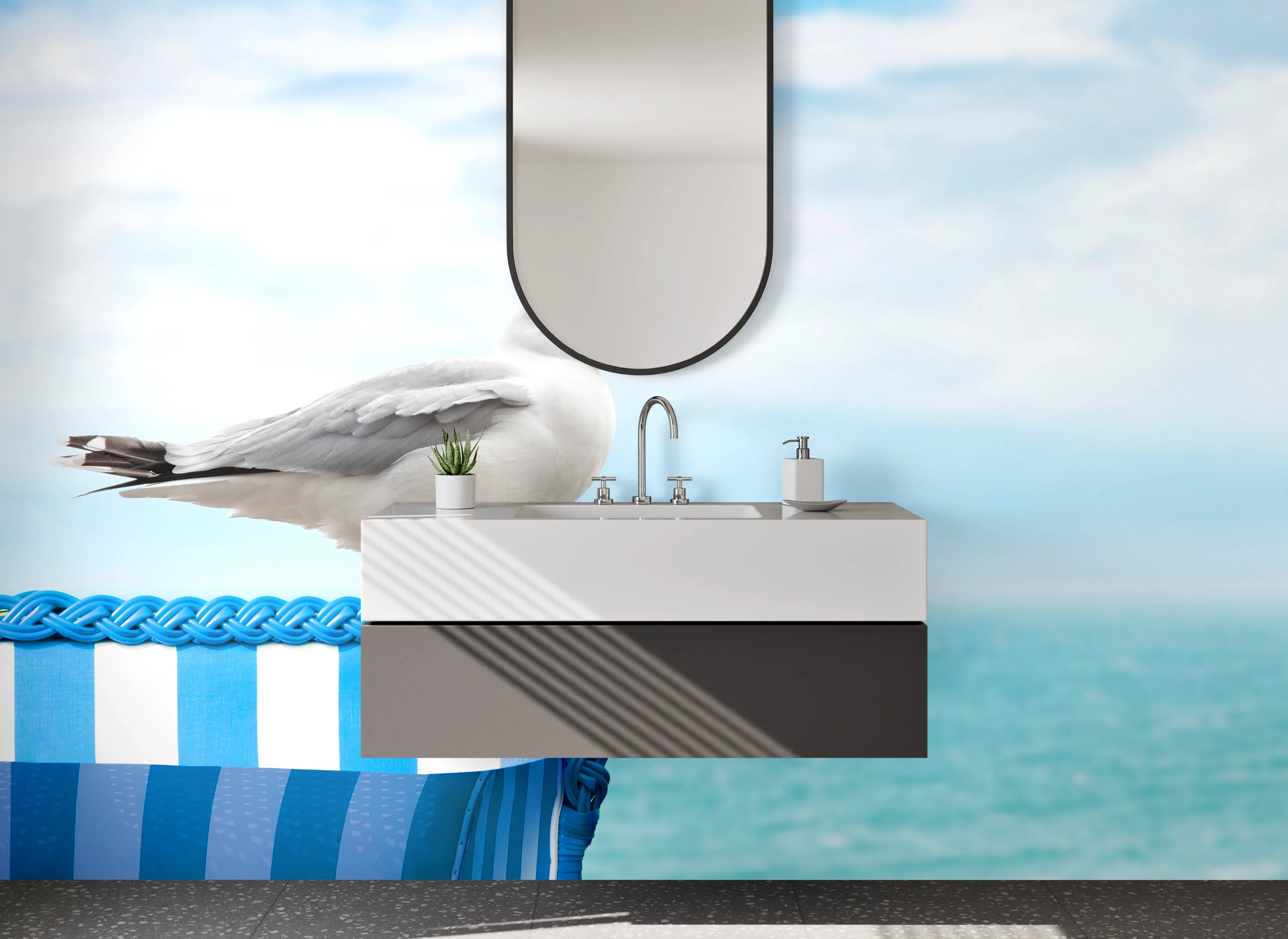 Waschbecken-Rückwand - Möwe am Meer auf Strandkorb
