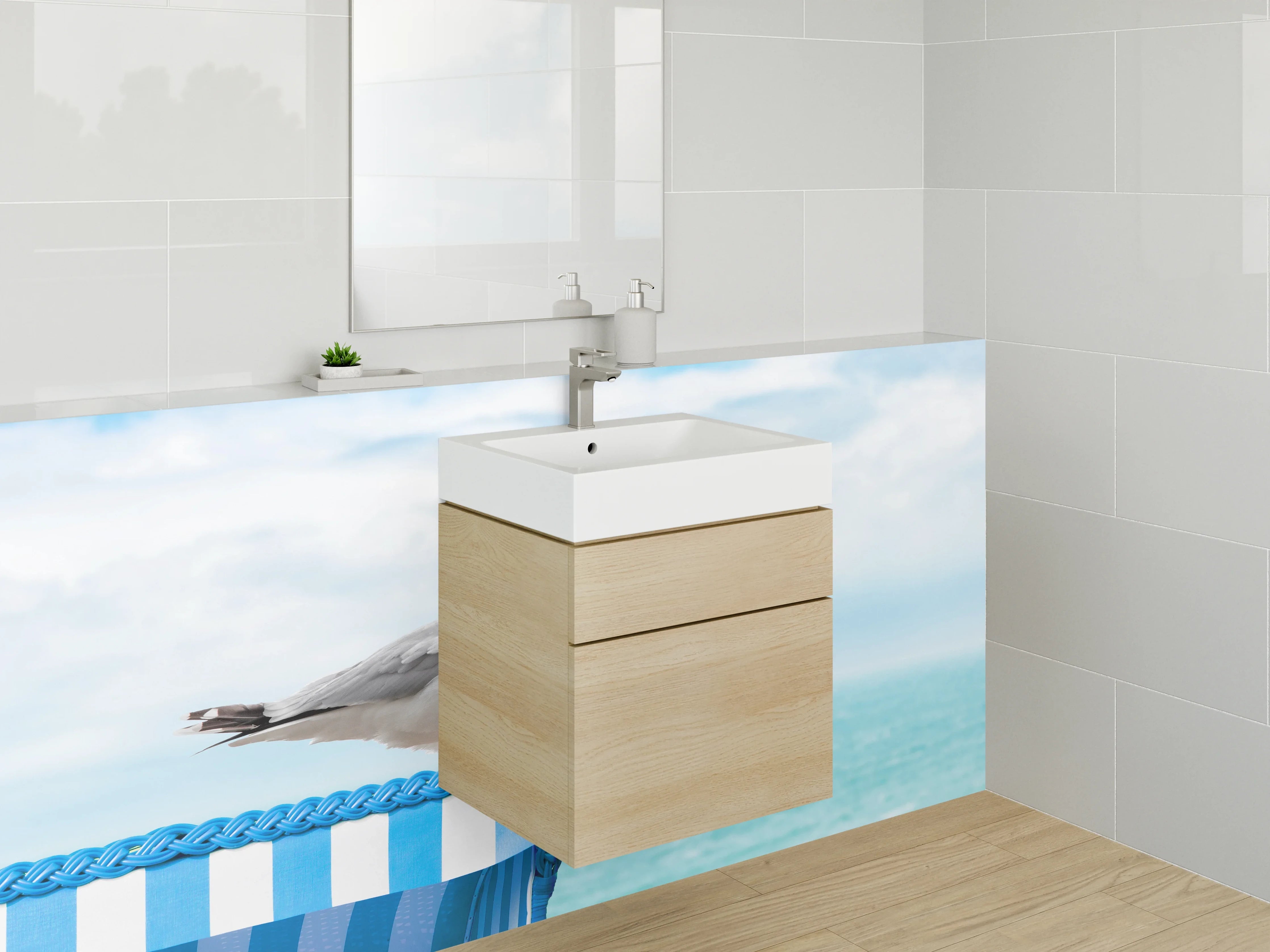 Waschbecken-Rückwand - Möwe am Meer auf Strandkorb