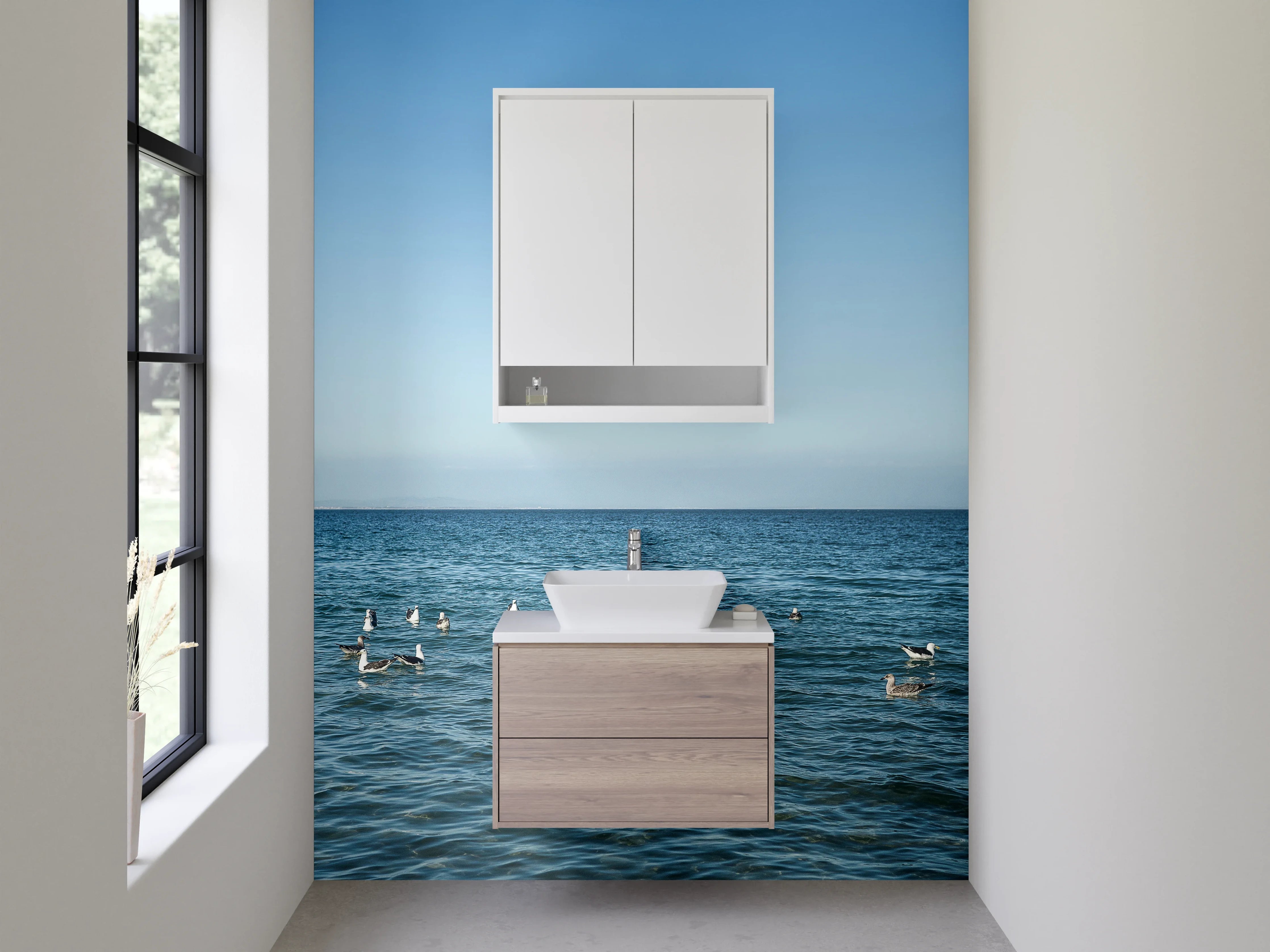 Waschbecken-Rückwand - Möwen am ruhigen Meer bei blauem Himmel