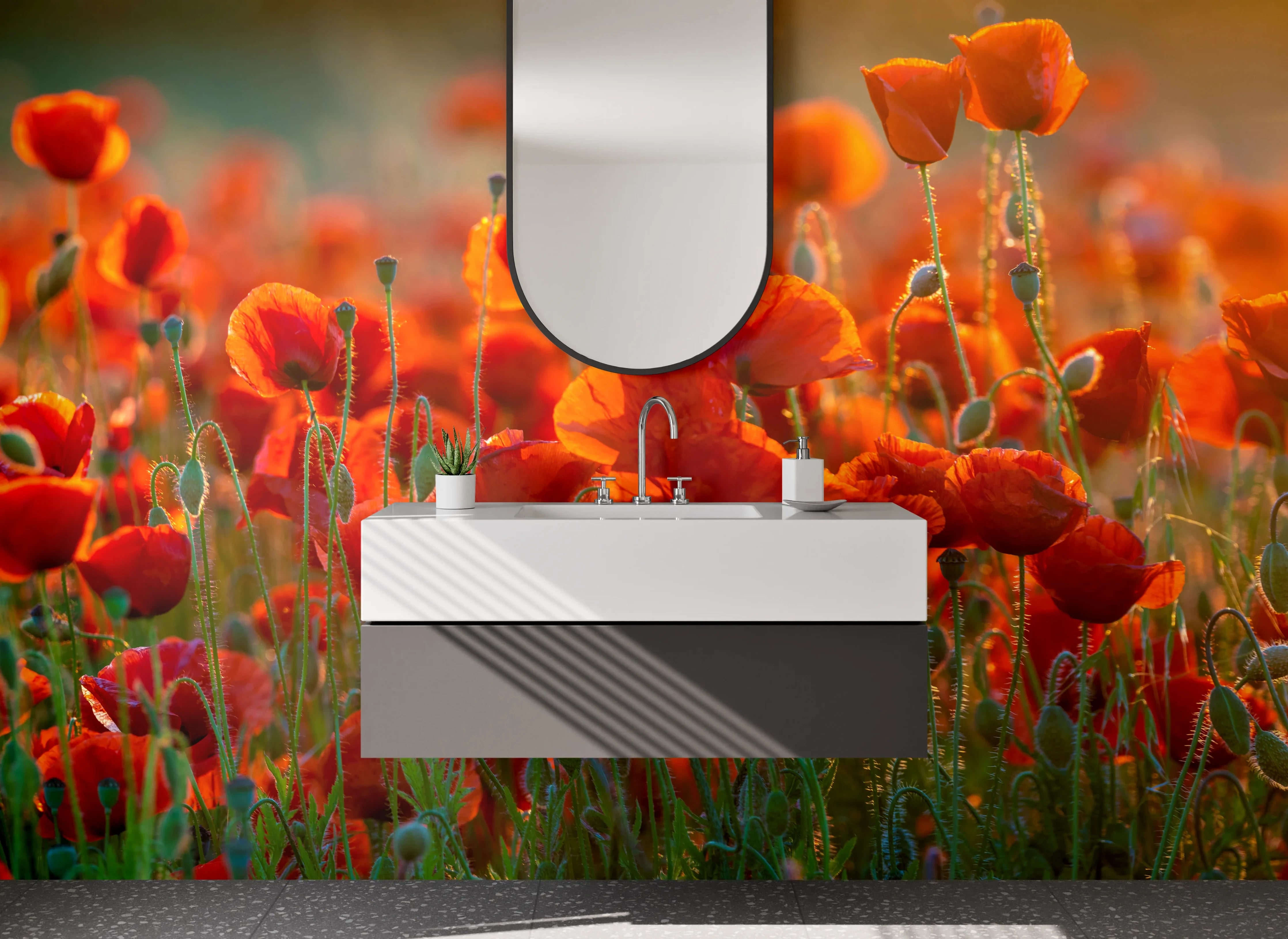 Waschbecken-Rückwand - Mohnblumen Feld Sonnenuntergang