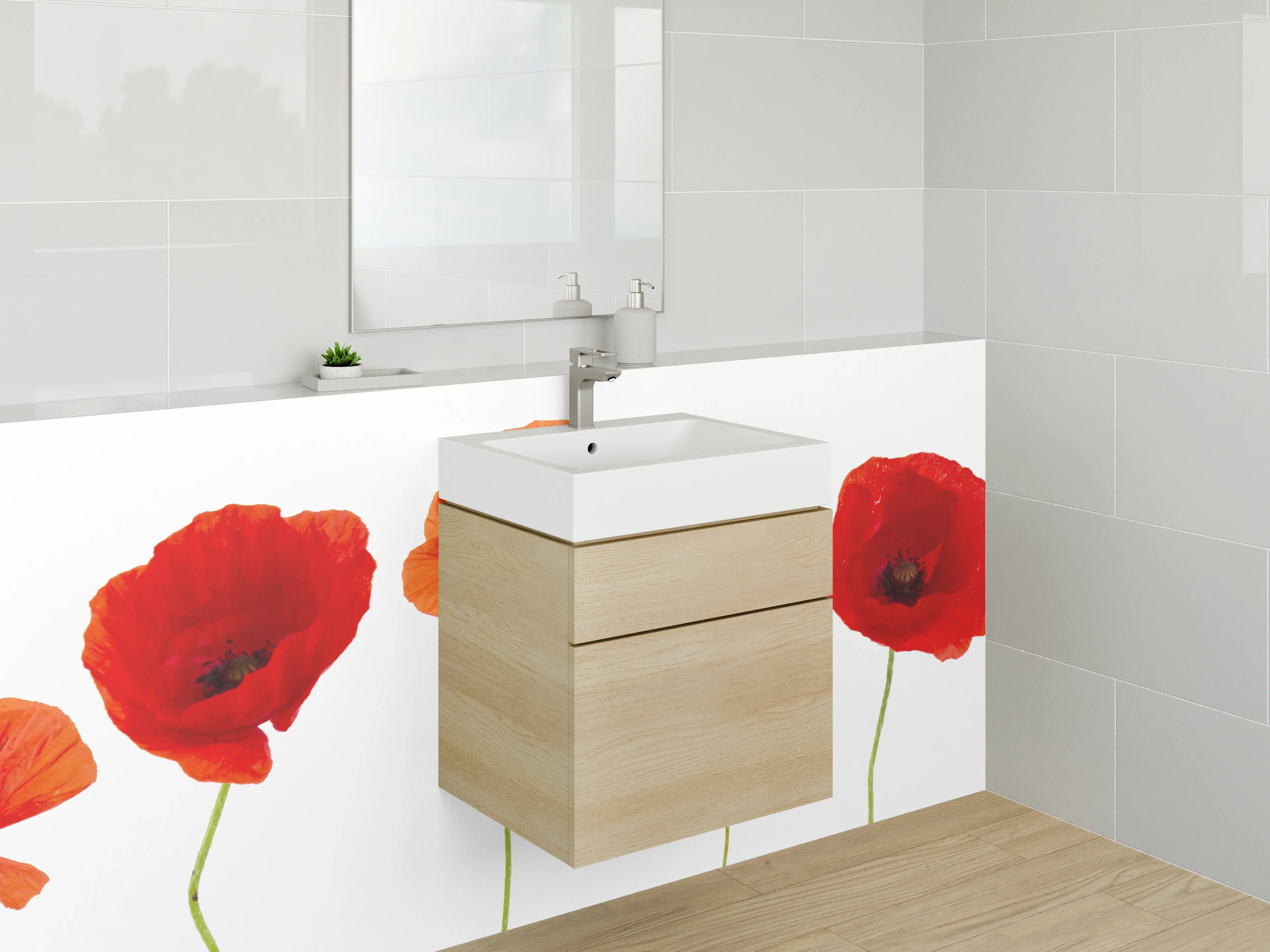 Waschbecken-Rückwand - Mohnblumen auf Weiß – Florale Eleganz