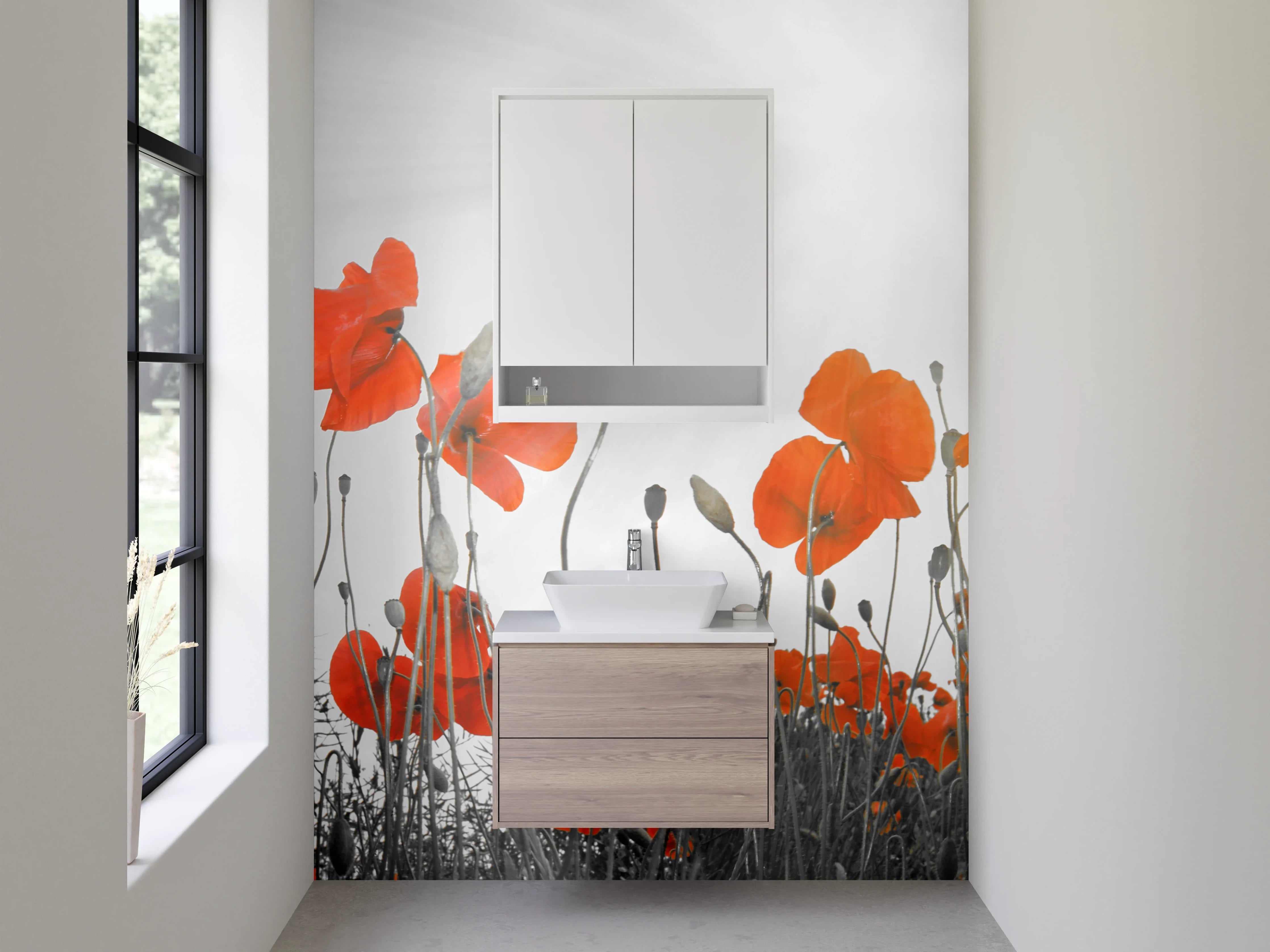 Waschbecken-Rückwand - Mohnblumen im Sonnenlicht – Schwarz-Weiß-Design
