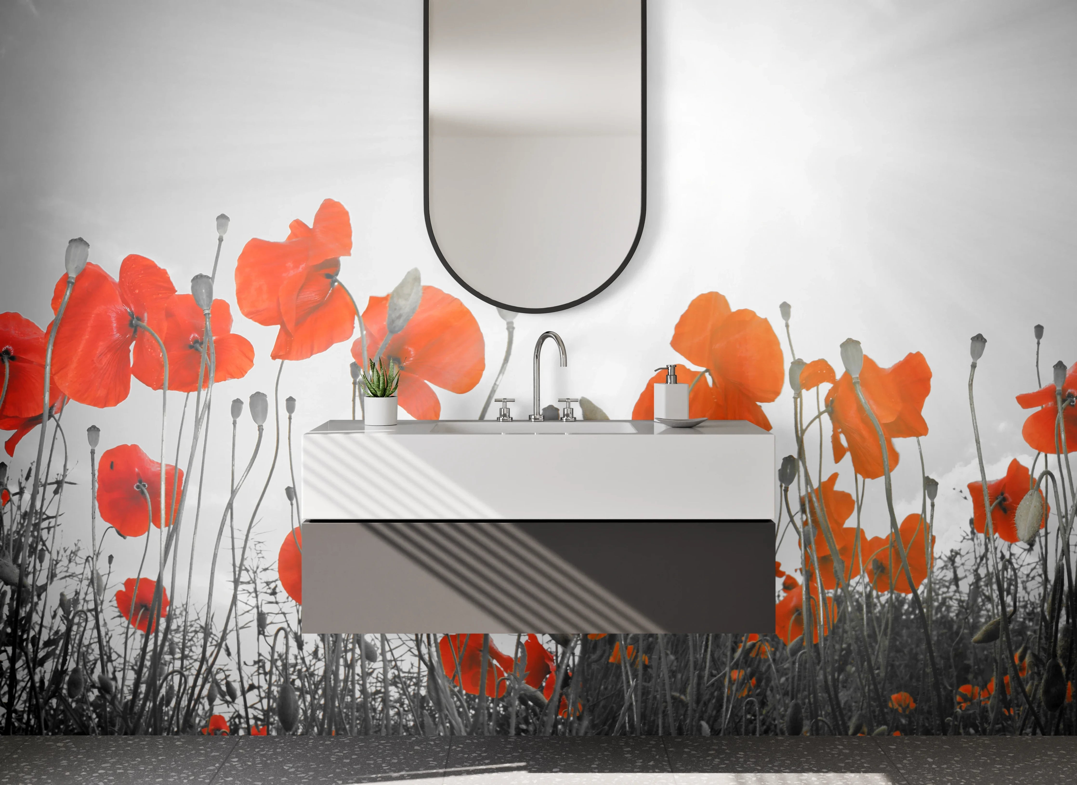 Waschbecken-Rückwand - Mohnblumen im Sonnenlicht – Schwarz-Weiß-Design