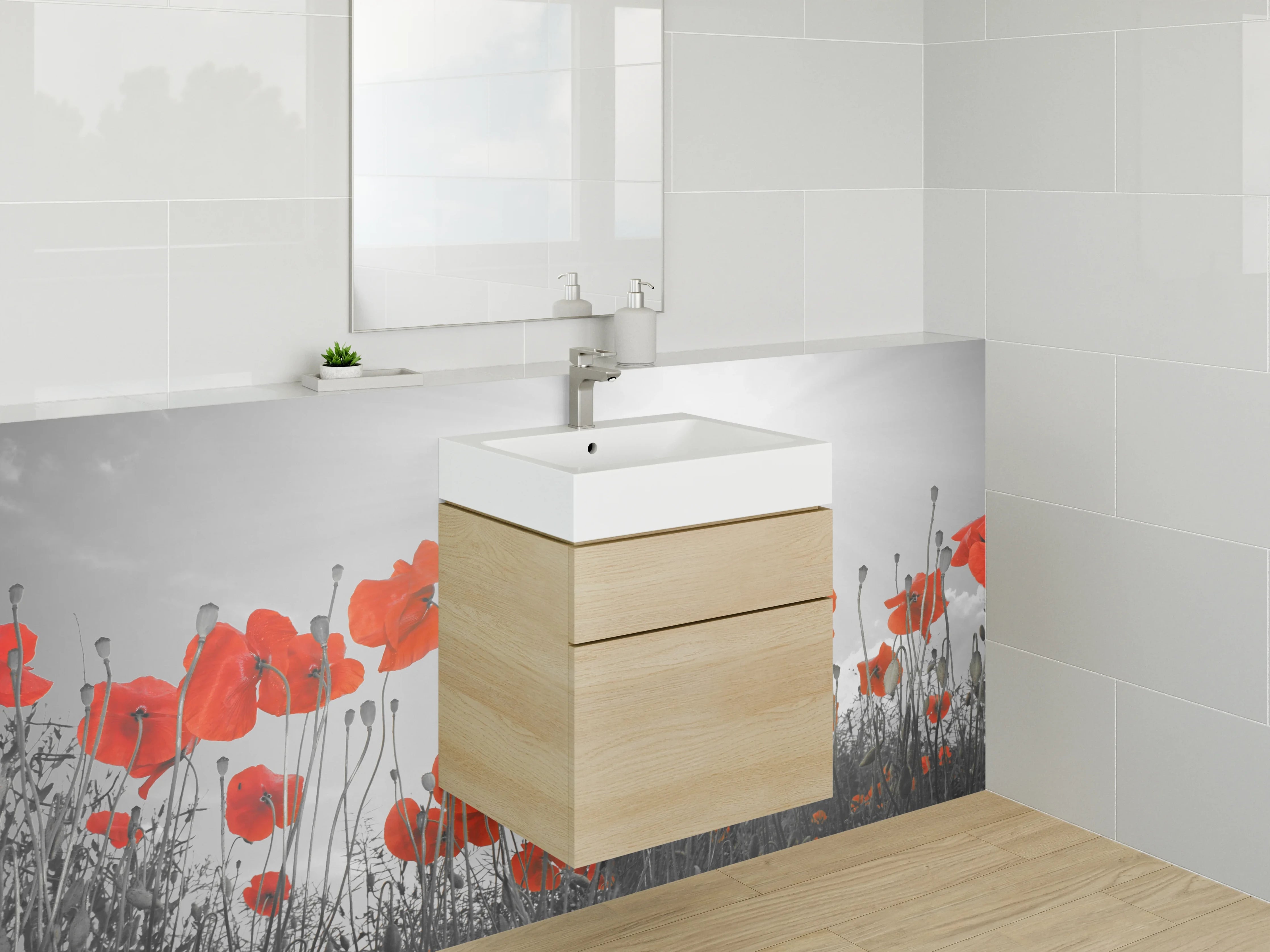 Waschbecken-Rückwand - Mohnblumen im Sonnenlicht – Schwarz-Weiß-Design