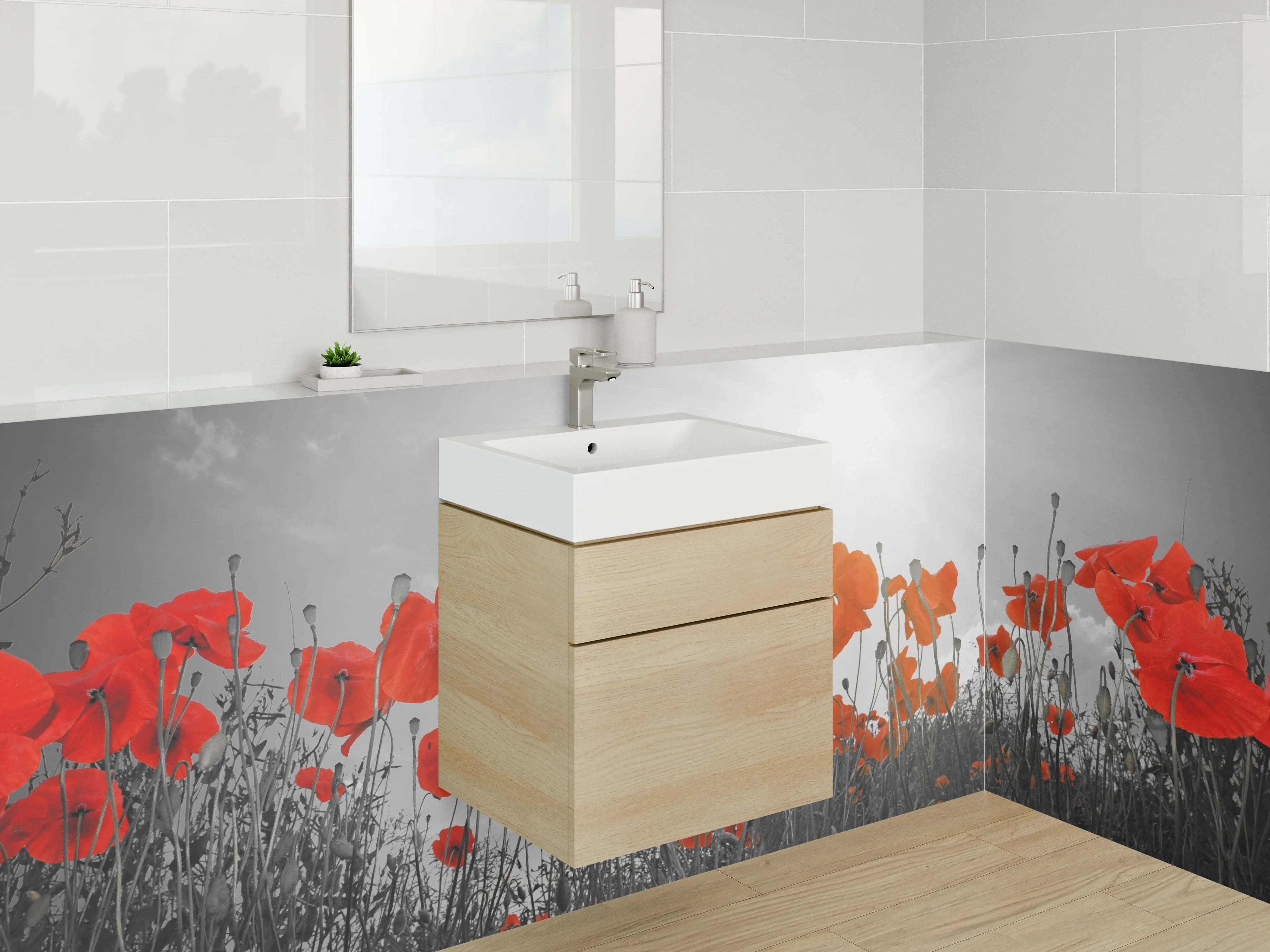 Waschbecken-Rückwand - Mohnblumen im Sonnenlicht – Schwarz-Weiß-Design