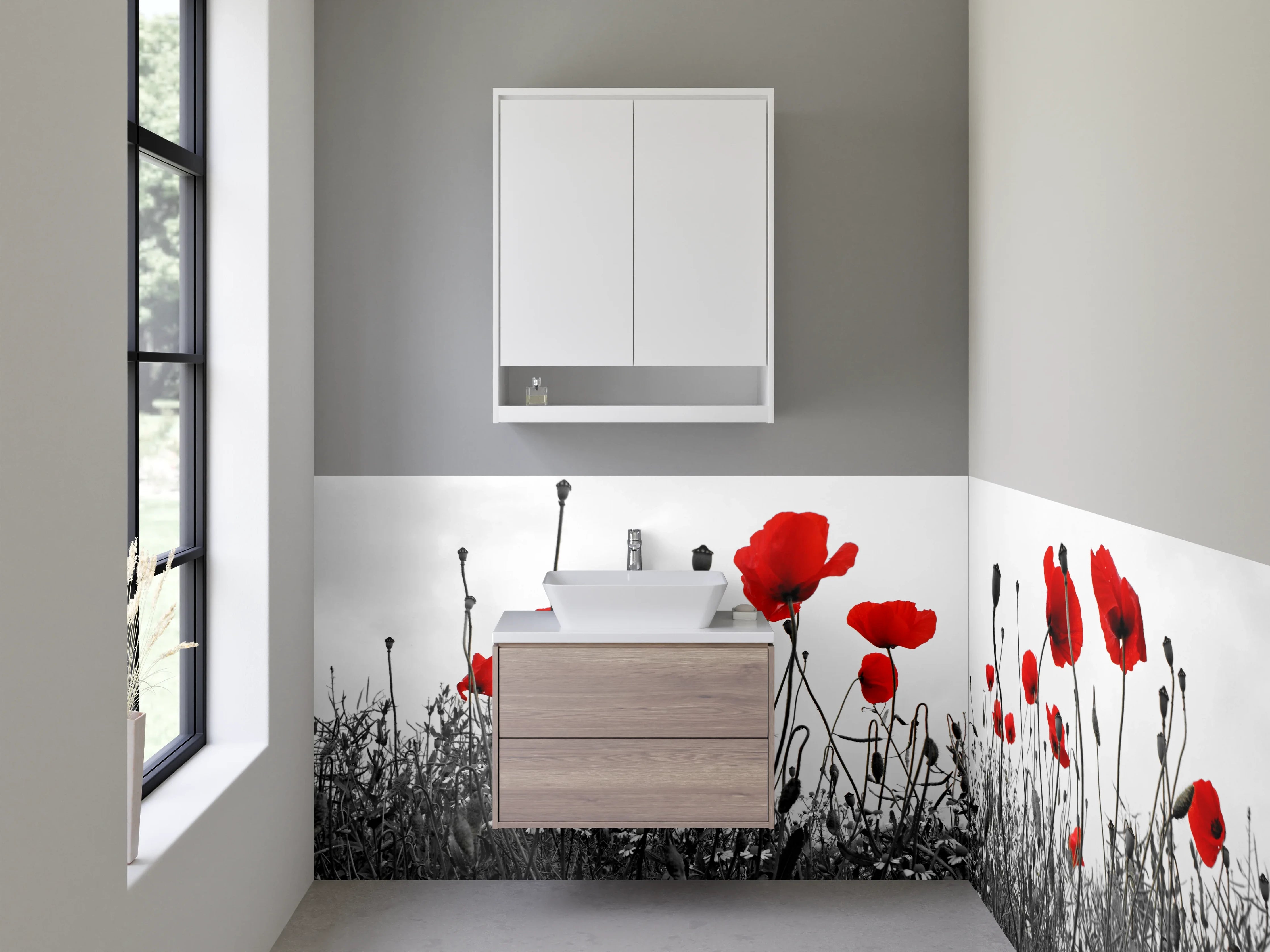 Waschbecken-Rückwand - Mohnblumen in Schwarz-Weiß mit Rot