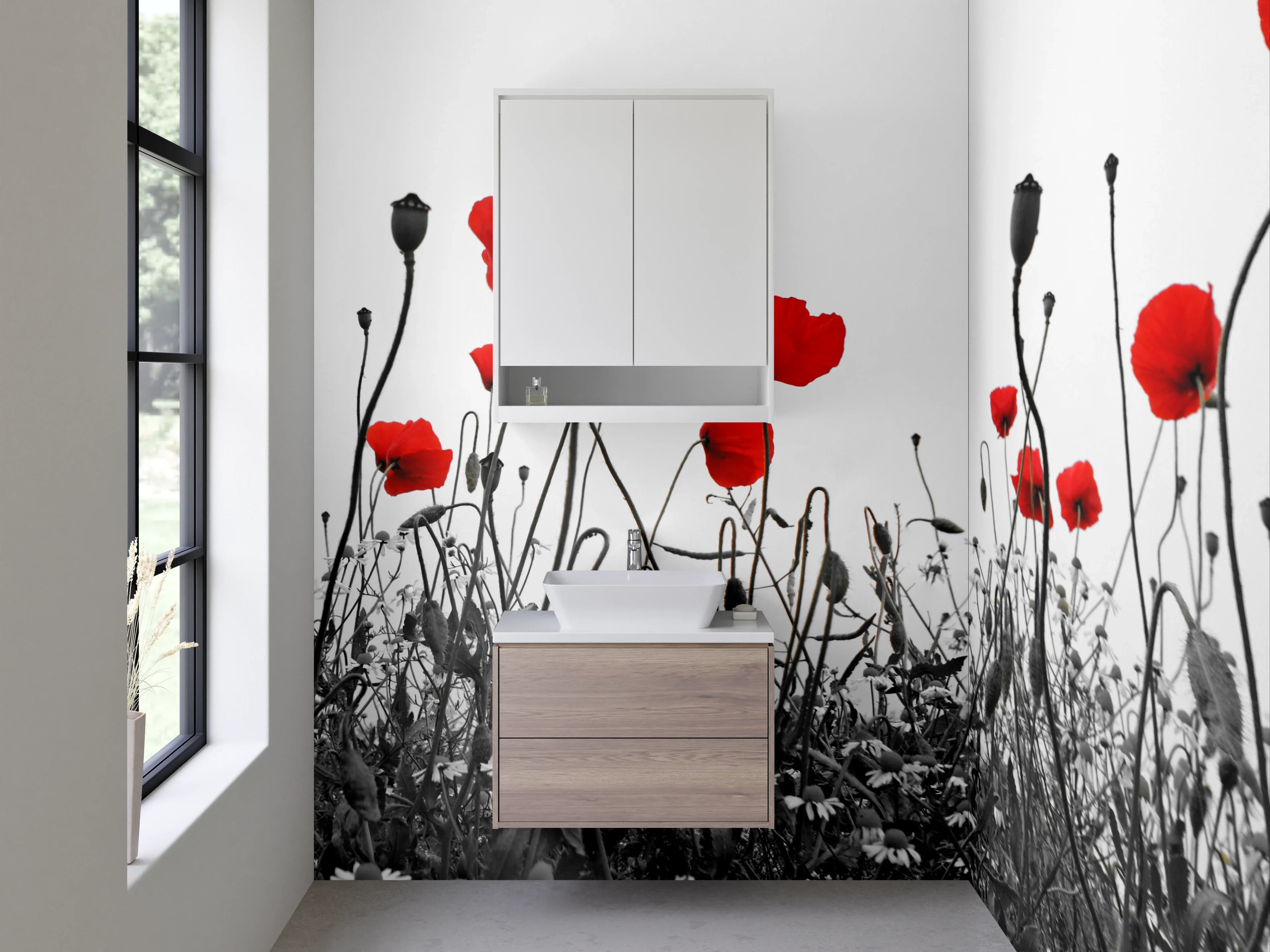 Waschbecken-Rückwand - Mohnblumen in Schwarz-Weiß mit Rot