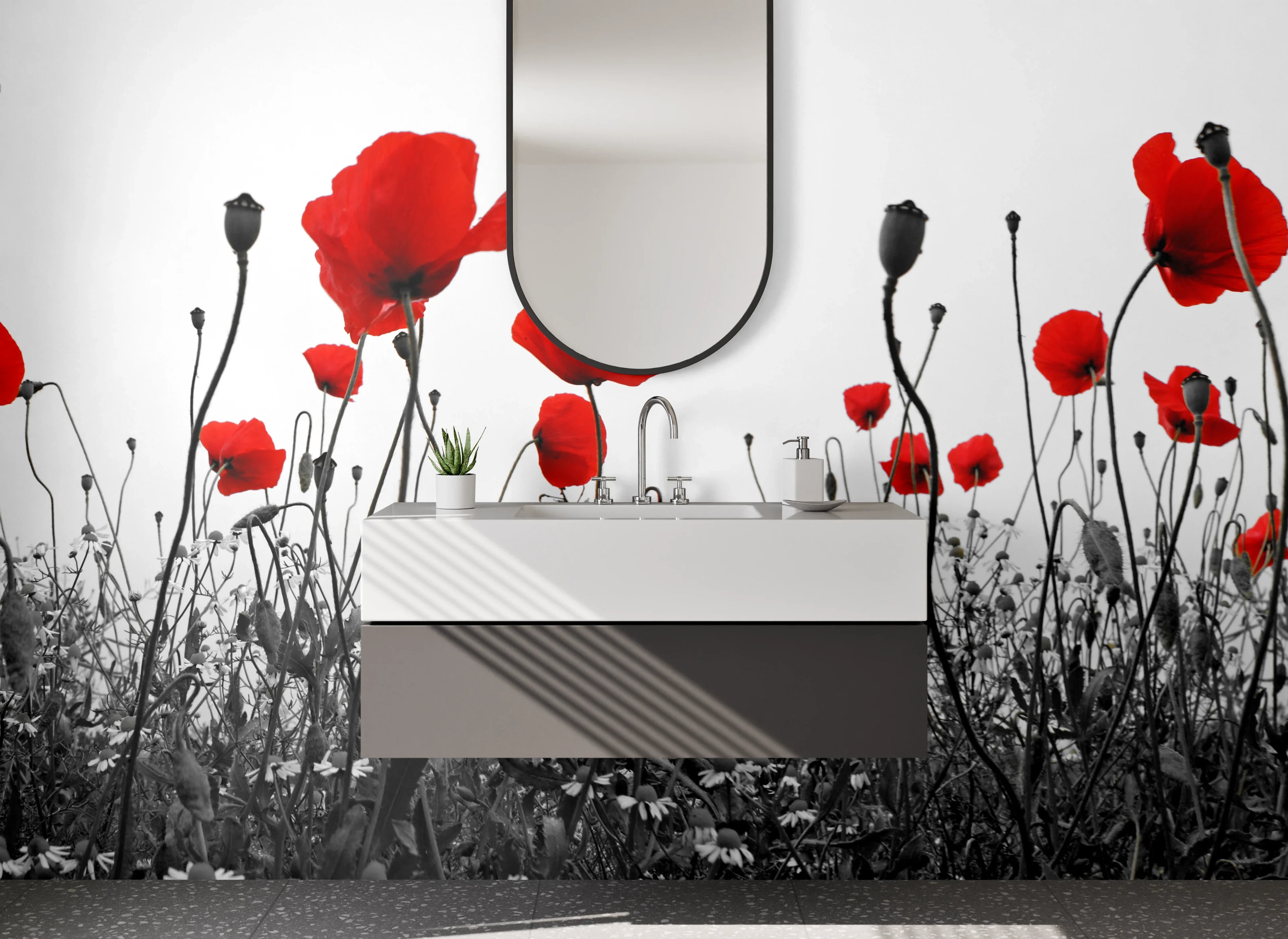 Waschbecken-Rückwand - Mohnblumen in Schwarz-Weiß mit Rot