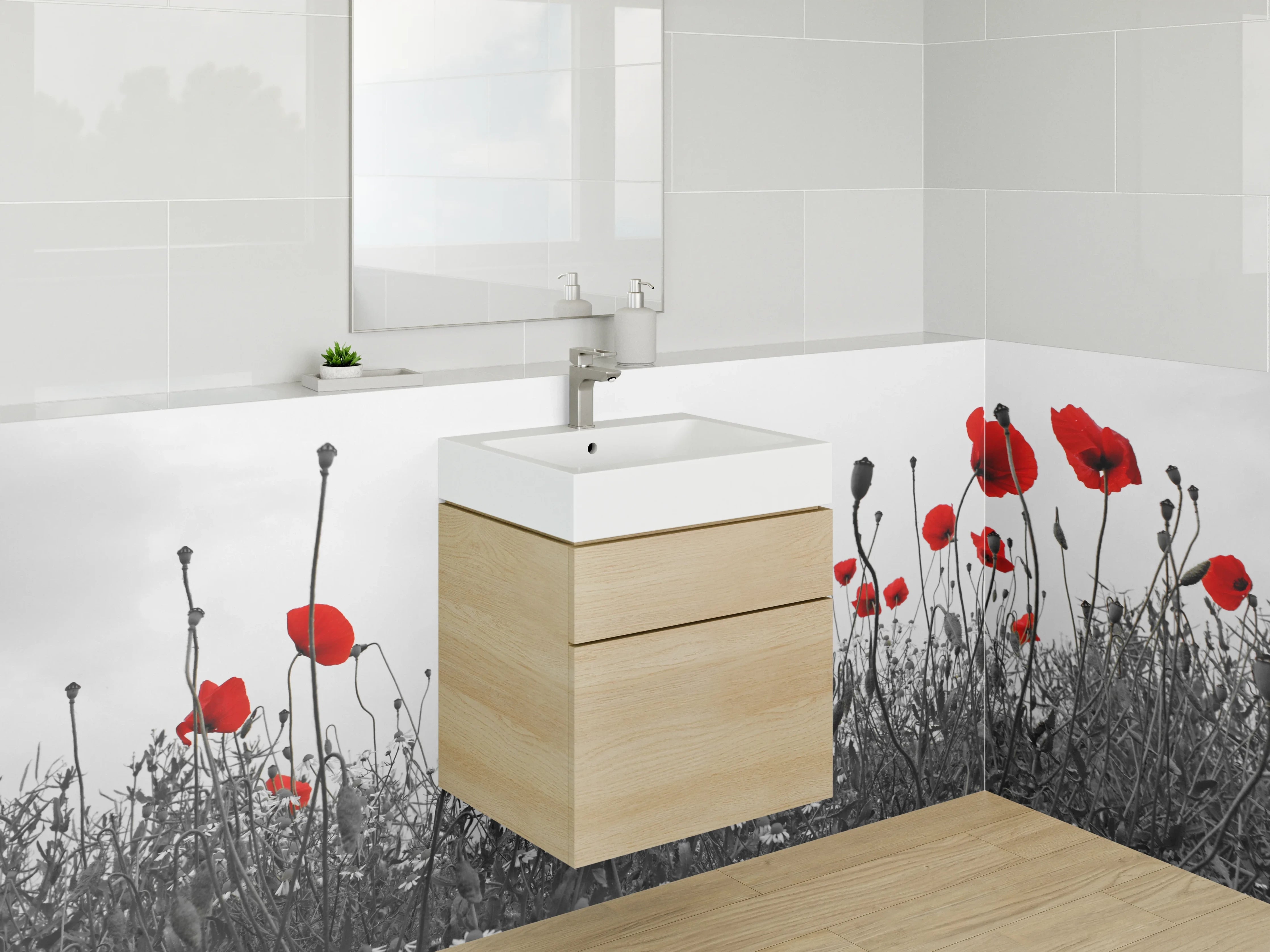 Waschbecken-Rückwand - Mohnblumen in Schwarz-Weiß mit Rot